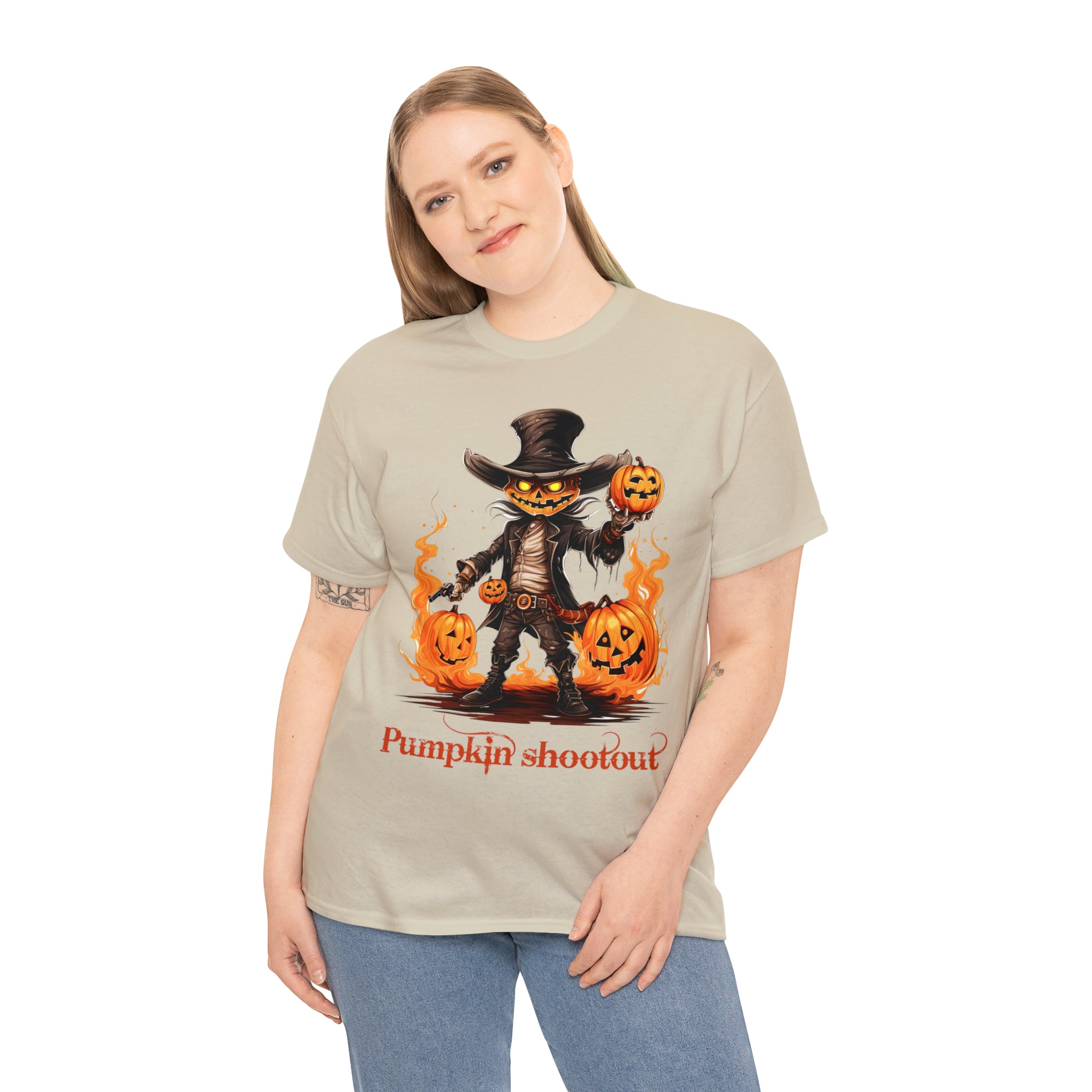 Halloween t shirt pumpkin western style shootout funny fall fun scary stocking stuffer for whole family  cotton tee