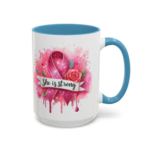 Empowering Pink Ribbon Coffee Mug - She Is Strong, Inspirational Gift for Breast Cancer Awareness, Motivational Drinkware, Supportive [...]
