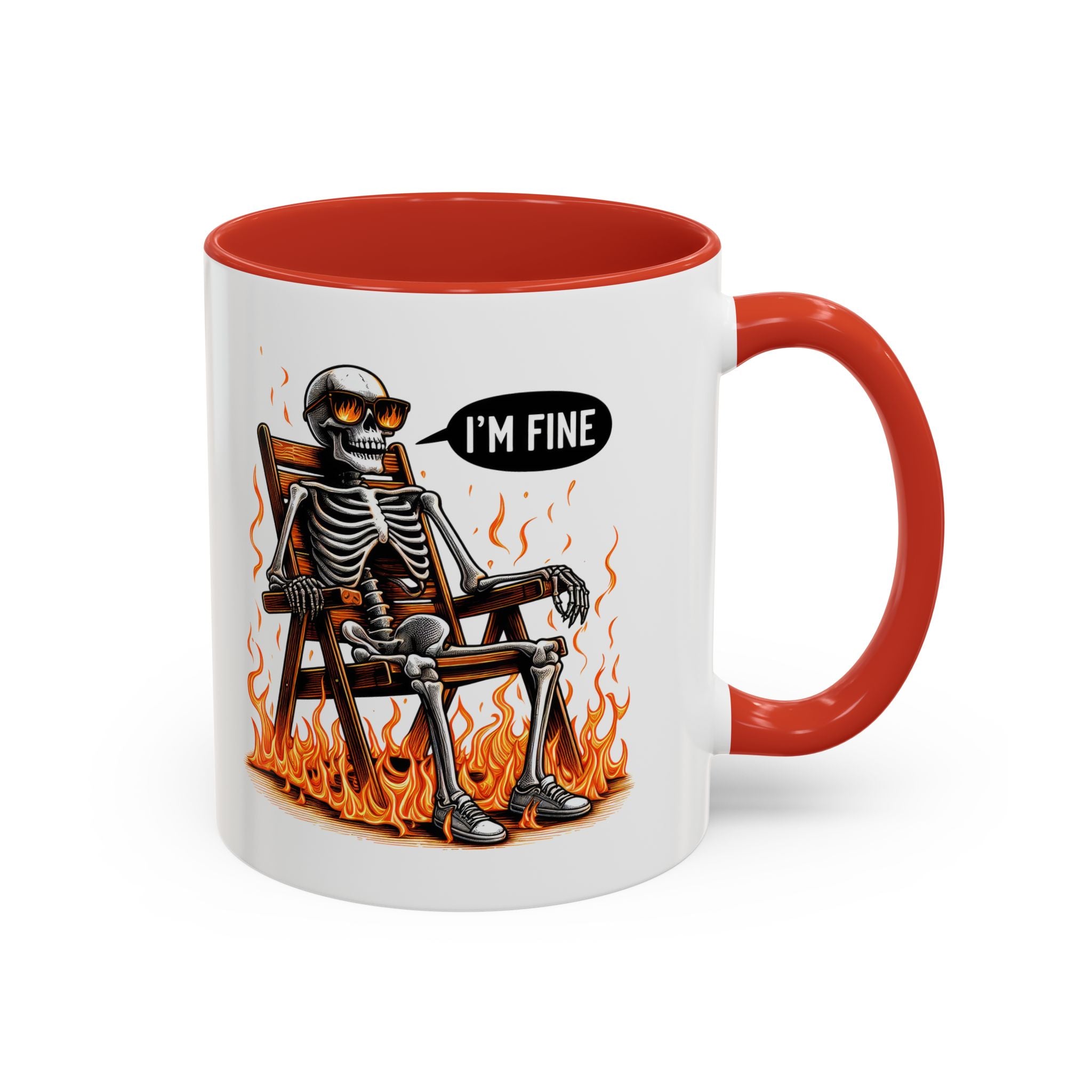 Funny I'M fine  Skeleton on fire Coffee Mug - Humor Gift for Halloween, Coffee Lovers,  Decor, Gag Gift, 11-15oz Accent Mug