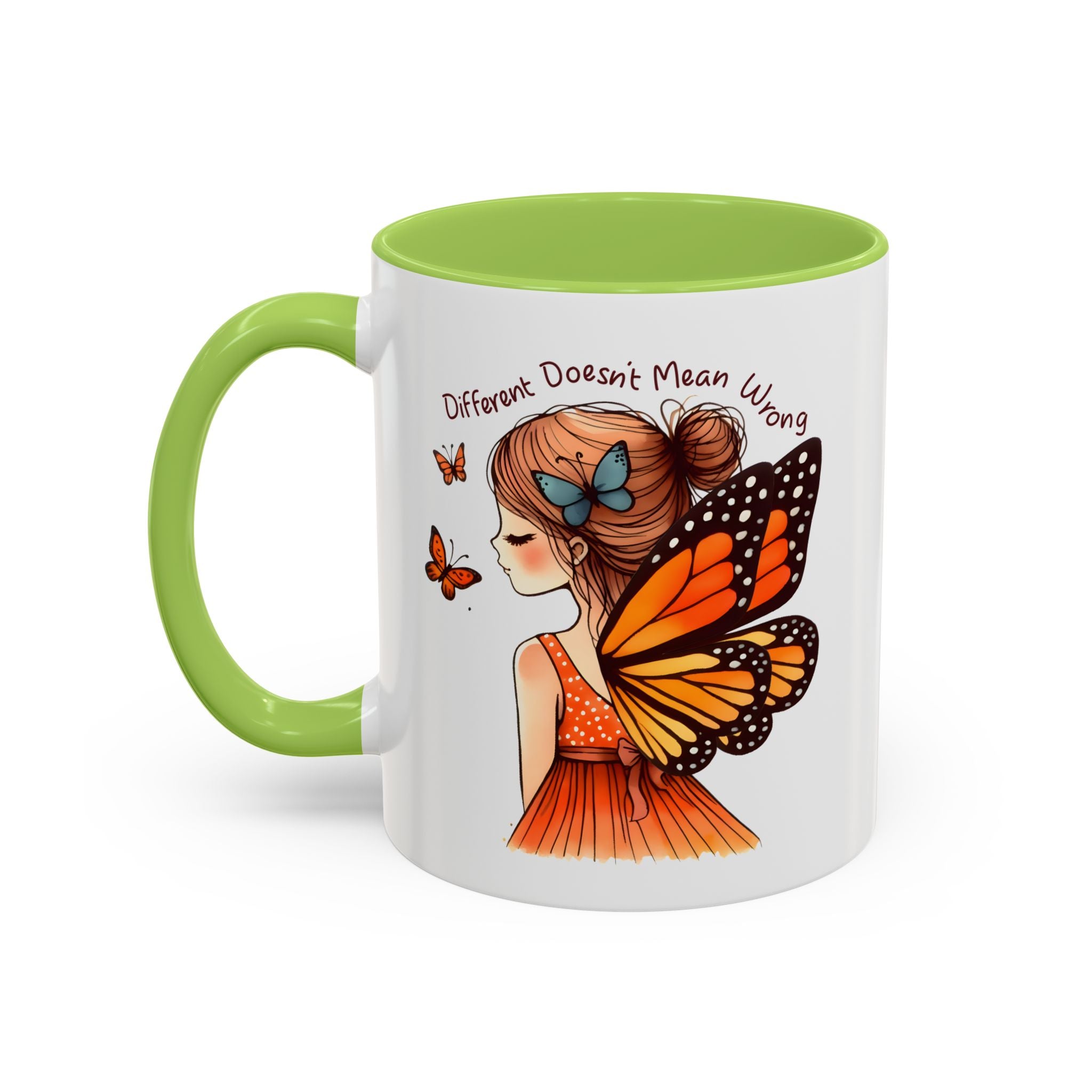 Butterfly Girl Accent Coffee Mug – "Different Doesn't Mean Wrong" Inspirational Tea Mug