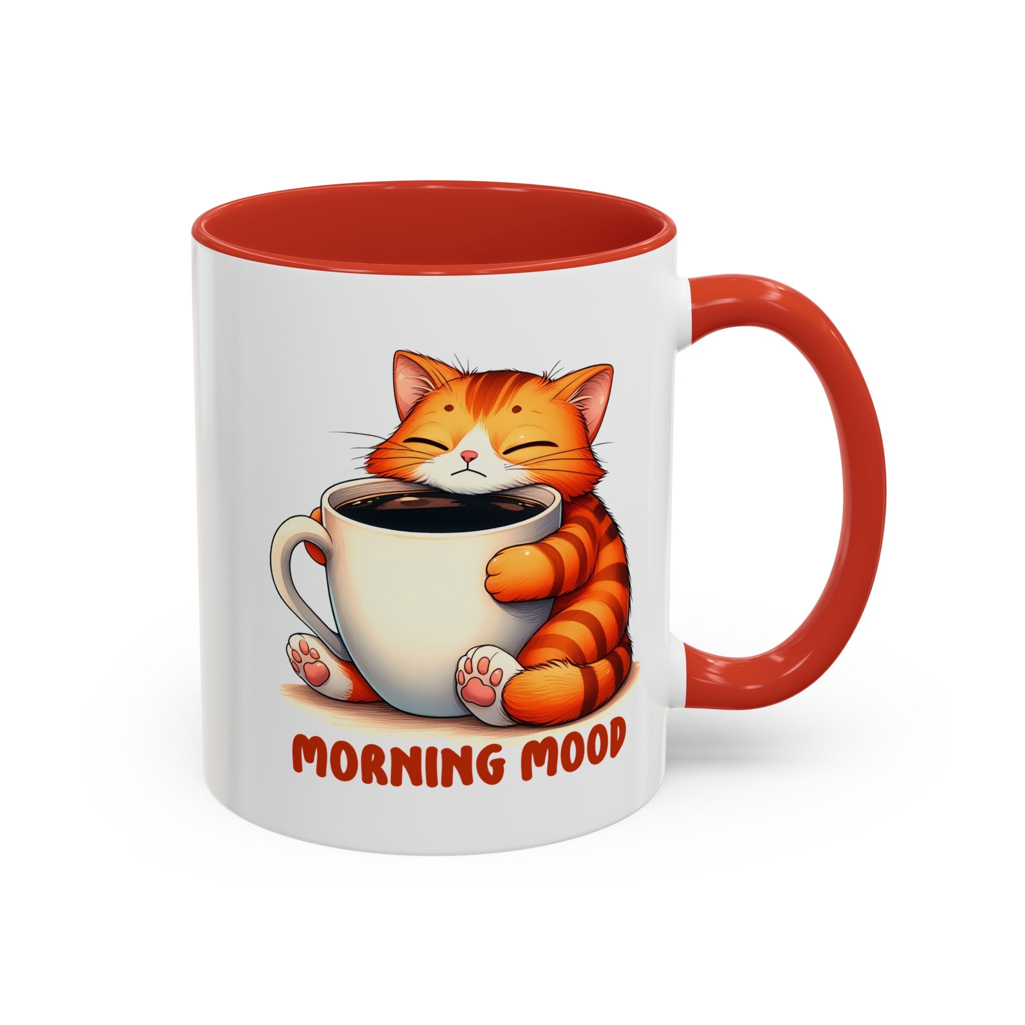 Morning Mood Cat Coffee Mug — Cute Orange Cat Holding Cup (11/15oz)