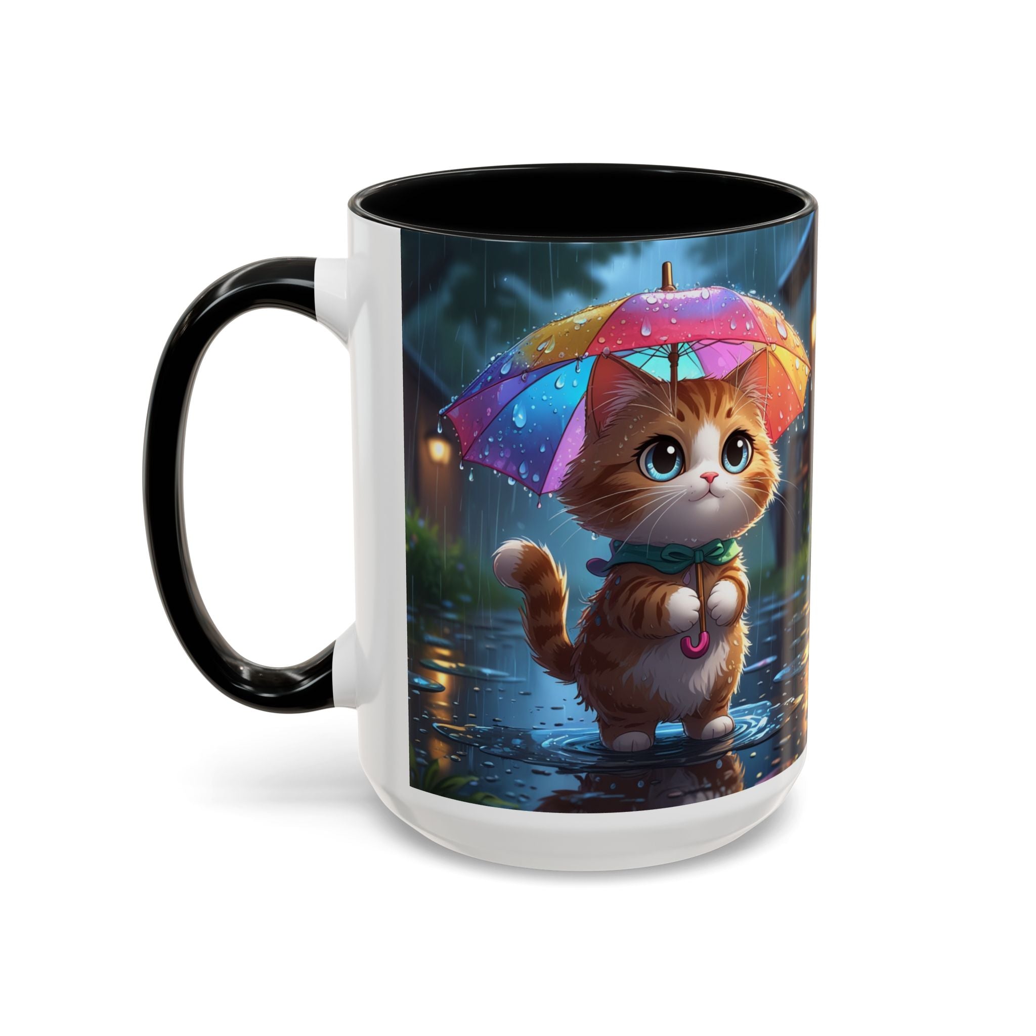 Cute Rainy Day Cat Mug — Kawaii Kitten with Rainbow Umbrella Coffee Cup (11/15oz)