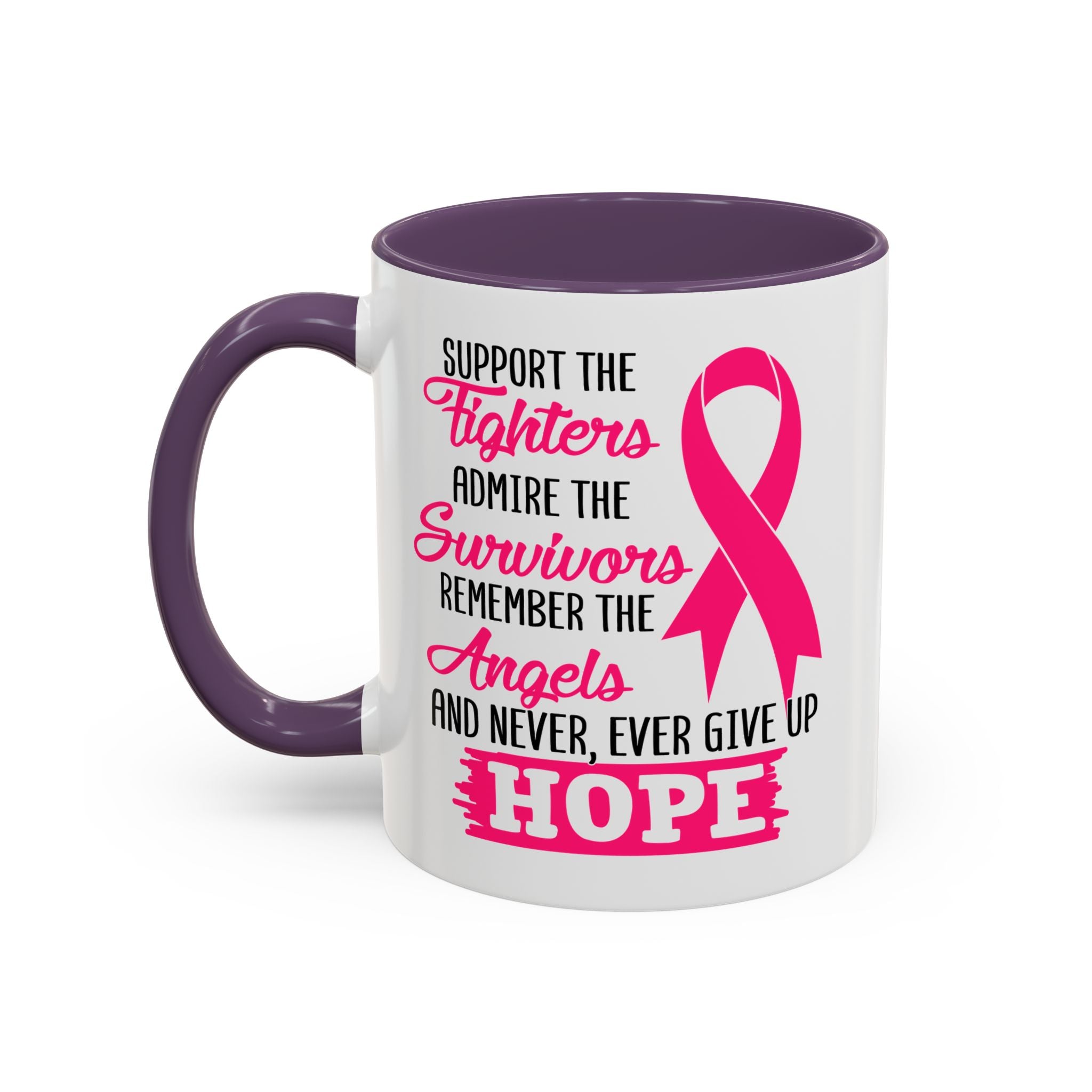 Inspirational Pink Ribbon Coffee Mug: Support Fighters, Admire Survivors, Celebrate Hope, Gift for Cancer Awareness, Motivational Mug