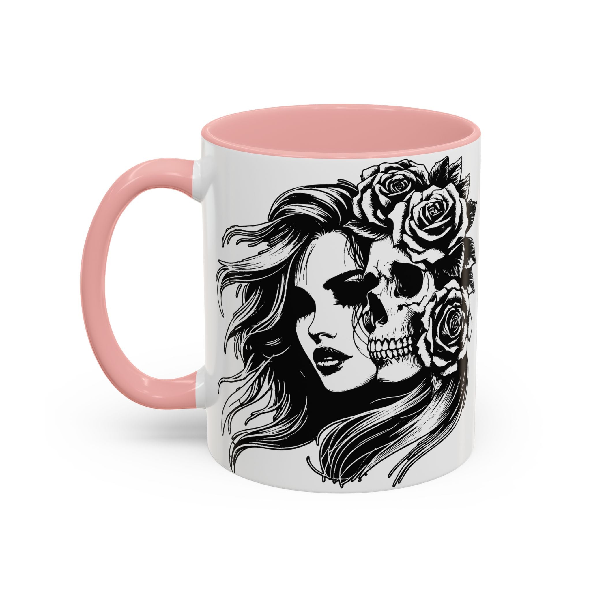 Skull & Rose Accent Coffee Mug — Gothic Half-Skull Woman 11/15oz