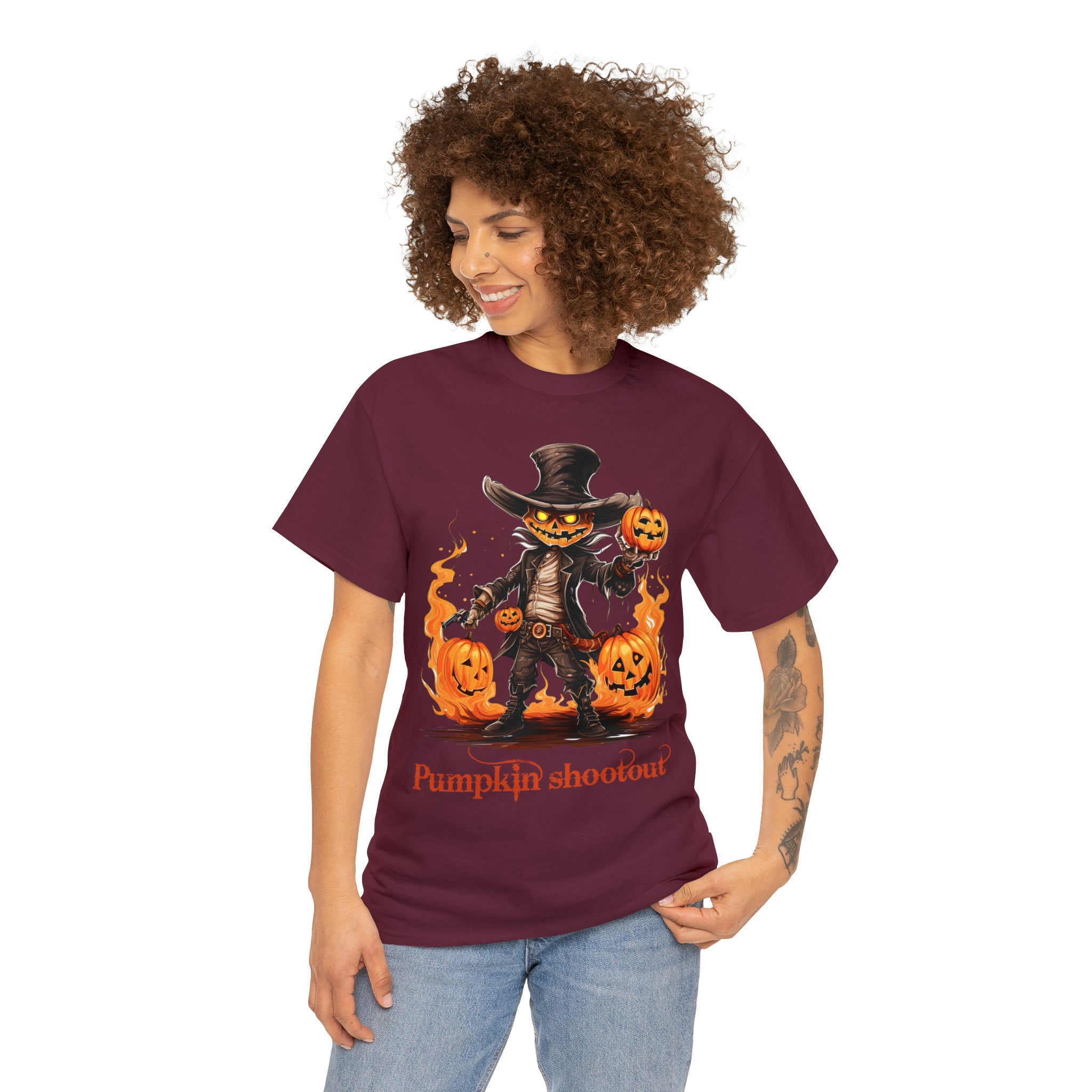 Halloween t shirt pumpkin western style shootout funny fall fun scary stocking stuffer for whole family  cotton tee