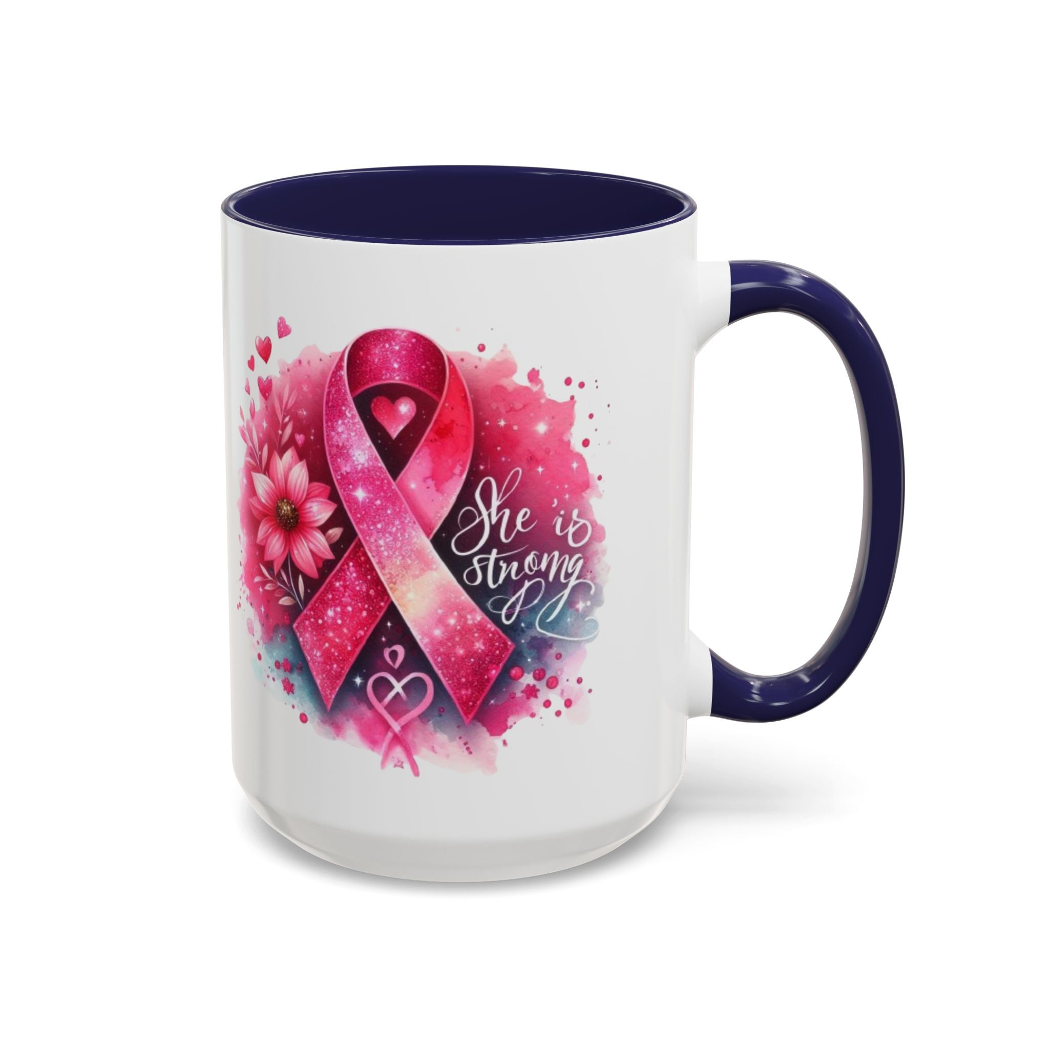 Breast Cancer Awareness Coffee Mug - Inspirational Gift, Motivational Drinkware, Supportive Cup, Pink Ribbon Design, She Is Strong