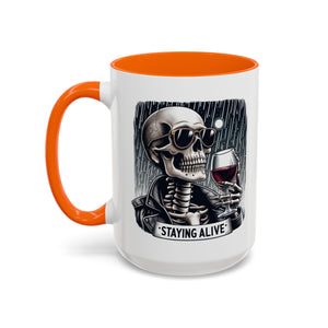 Stylish Skull Coffee Mug, Gothic Drinkware, Staying Alive Gift for Halloween, Funny Office Mug, Alternative Drinkware