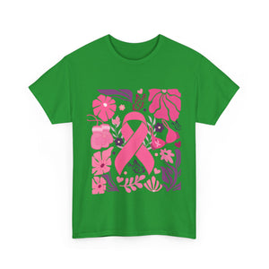 Pink Ribbon Awareness Tee, Flower Power Shirt, Support Breast Cancer, Unisex Cotton T-shirt, Thoughtful Gift for Her