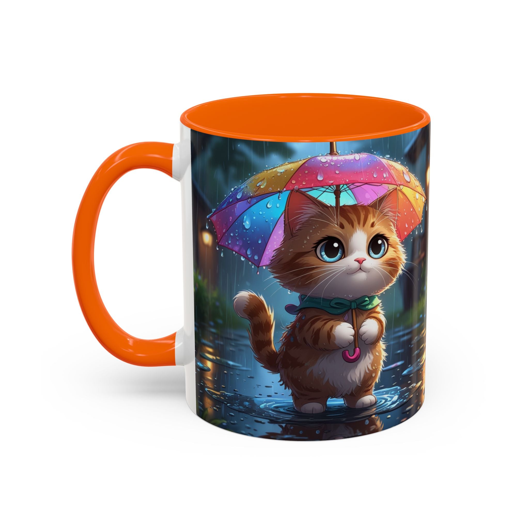 Cute Rainy Day Cat Mug — Kawaii Kitten with Rainbow Umbrella Coffee Cup (11/15oz)