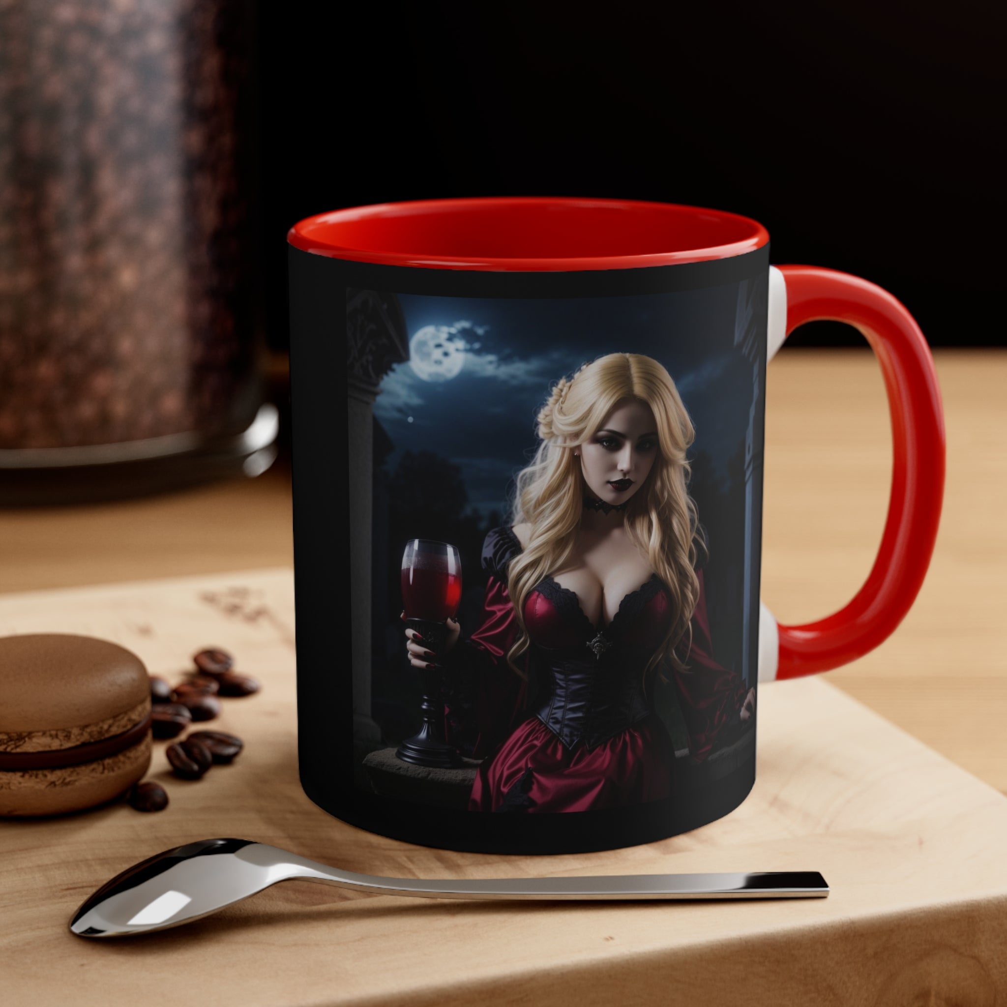 gothic blonde vampire drinking blood Accent Coffee Mug, 11oz