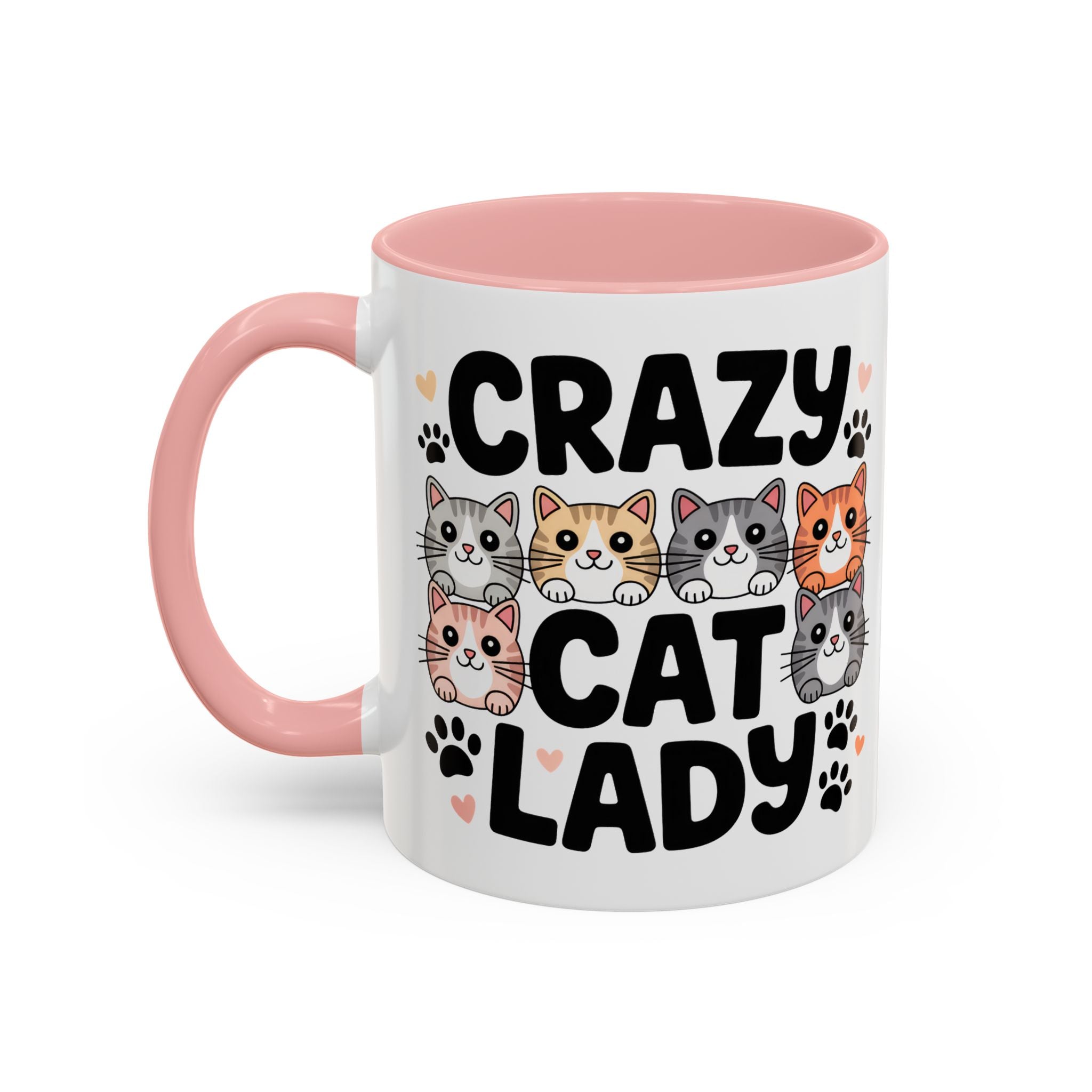 Crazy Cat Lady Accent Coffee Mug — Cute Cat Faces Paw Print 11/15oz