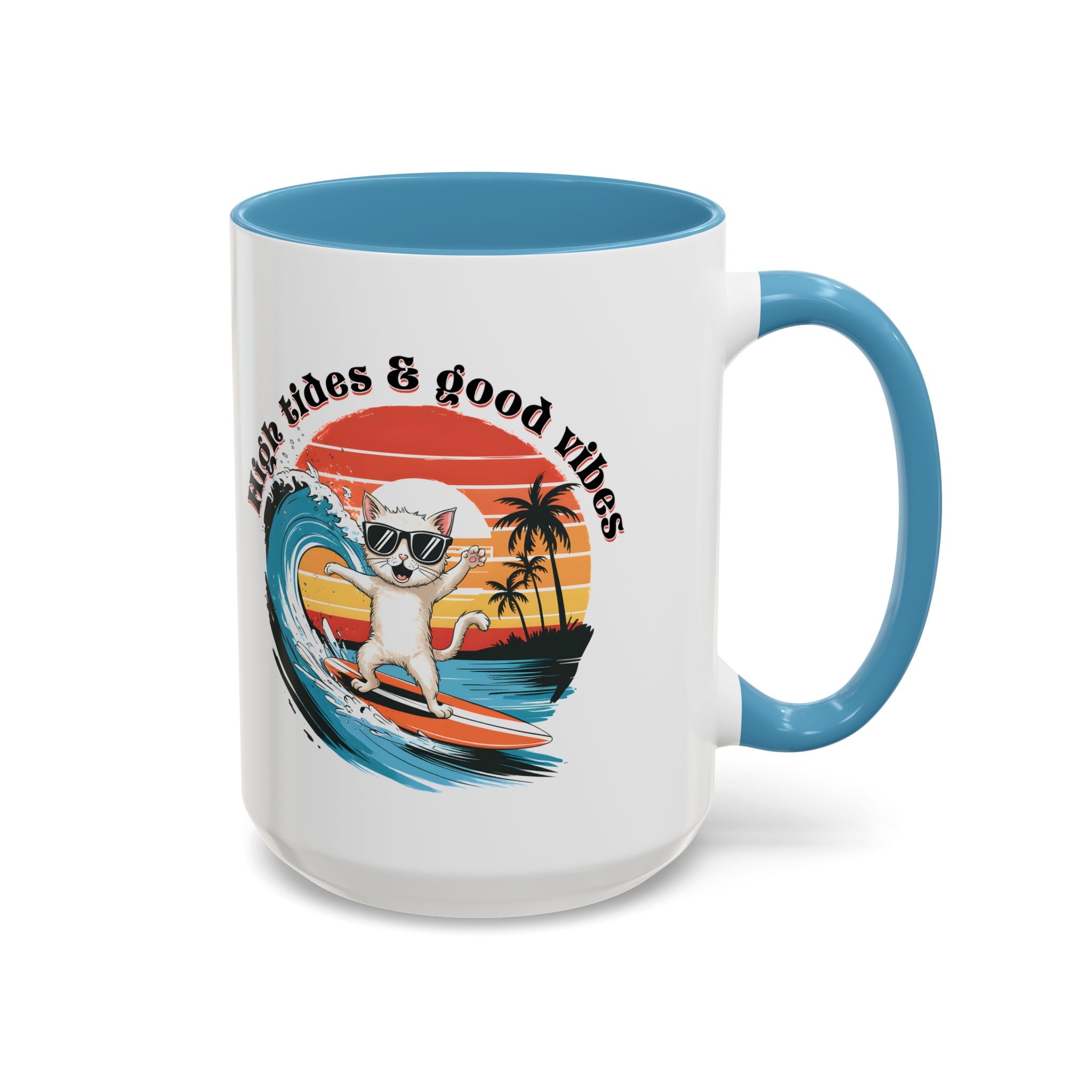Surfing Cat Coffee Mug - High Tides & Good Vibes - Beach Lover Gift animal lover funny