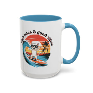 Surfing Cat Coffee Mug - High Tides & Good Vibes - Beach Lover Gift animal lover funny