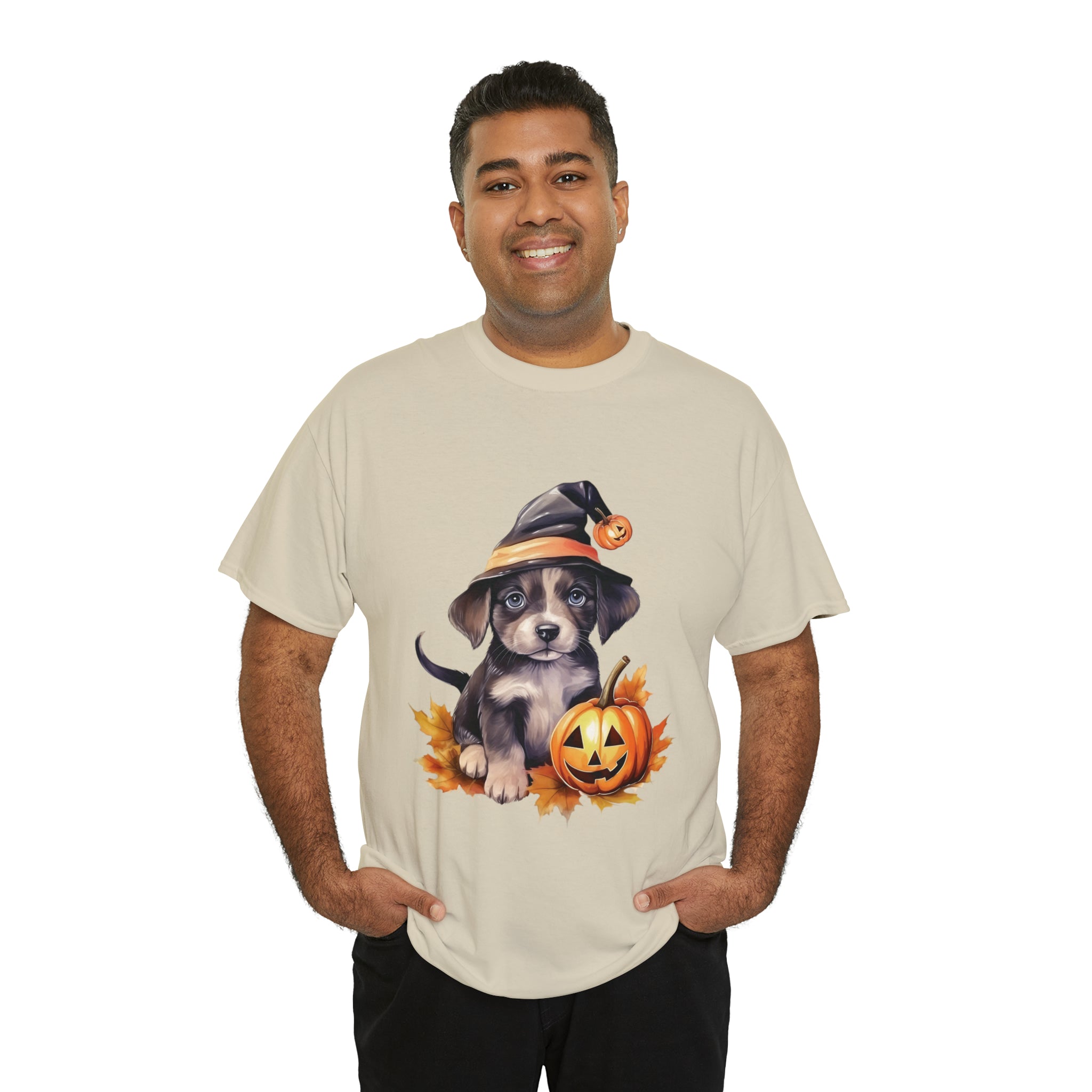 halloween t shirt puppy in witch hat cute gift for her stocking stuffer fall fun item for whole family Unisex Heavy Cotton Tee