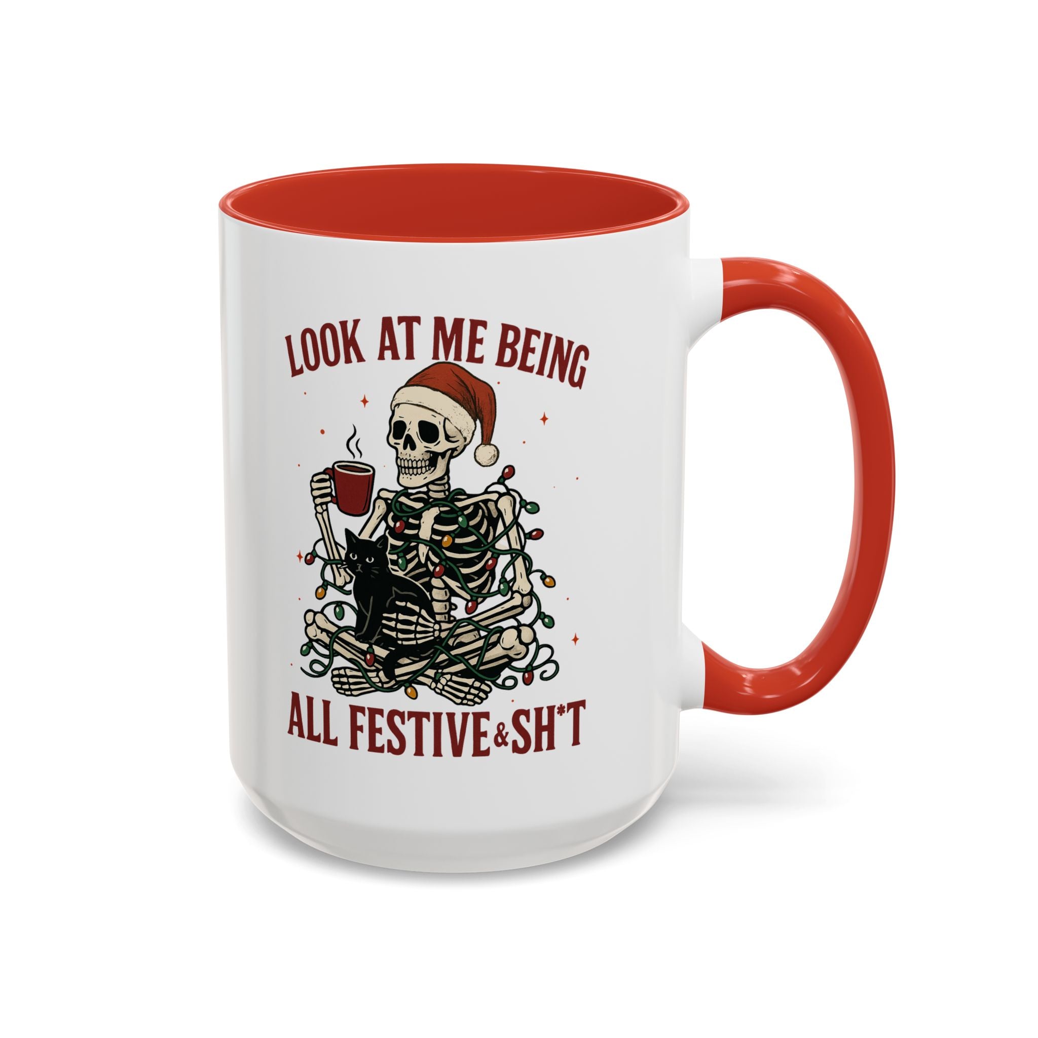 Festive Skeleton Coffee Mug, Unique Holiday Gift, Halloween Decor, Cat Lover's Mug, Funny Gift for Friends