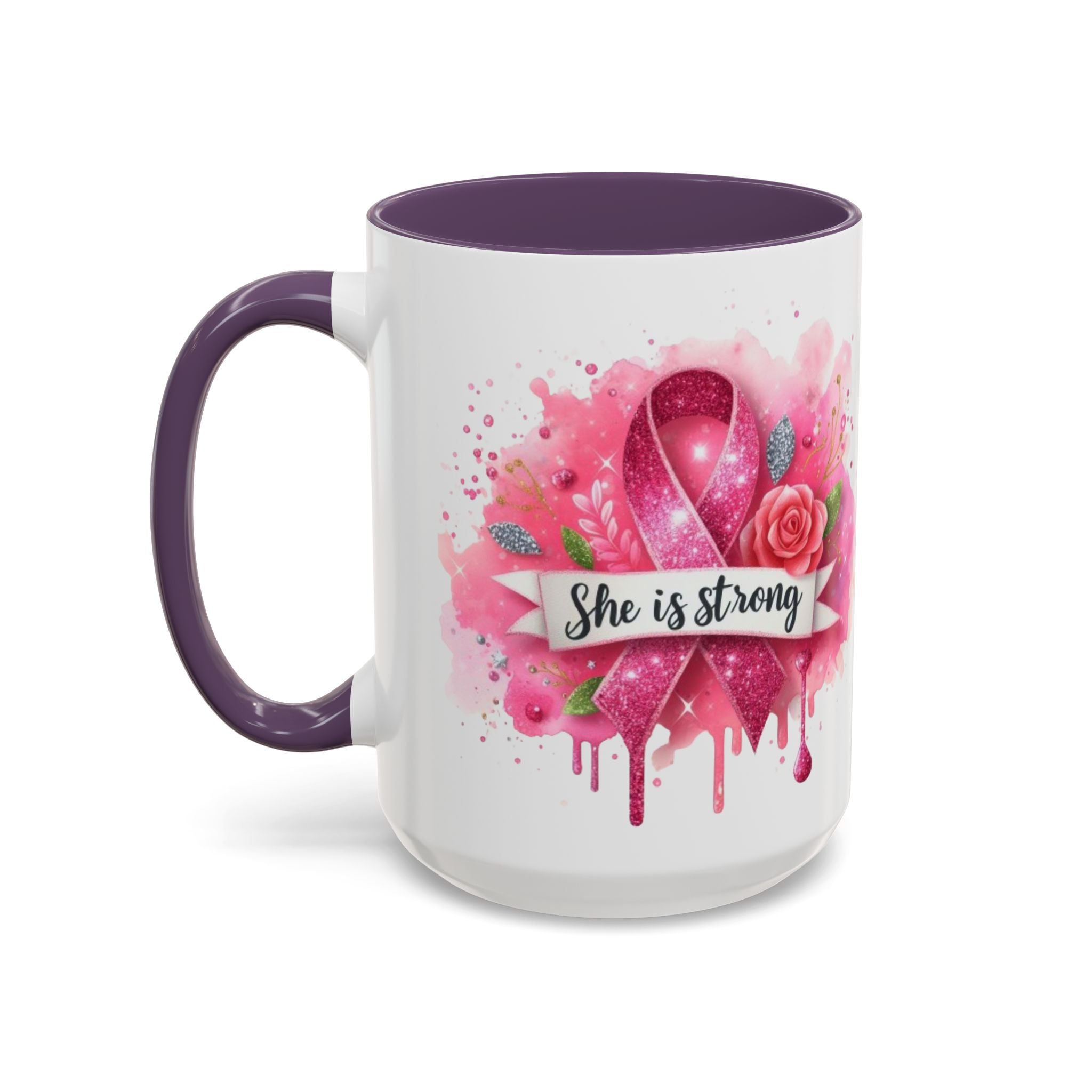 Empowering Pink Ribbon Coffee Mug - She Is Strong, Inspirational Gift for Breast Cancer Awareness, Motivational Drinkware, Supportive [...]