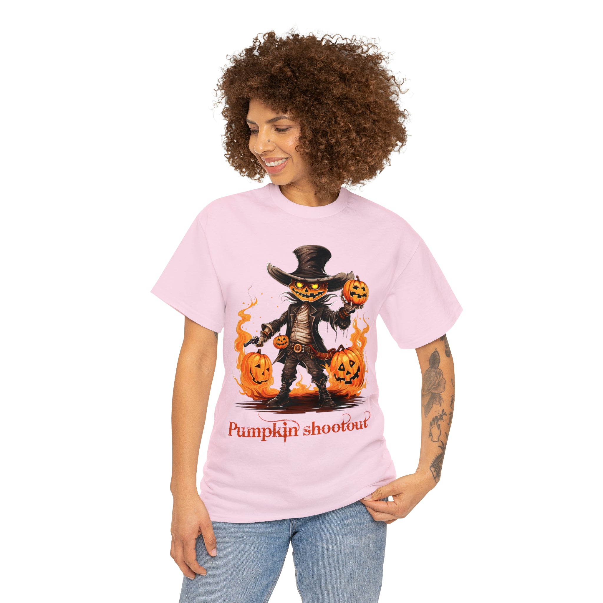 Halloween t shirt pumpkin western style shootout funny fall fun scary stocking stuffer for whole family  cotton tee