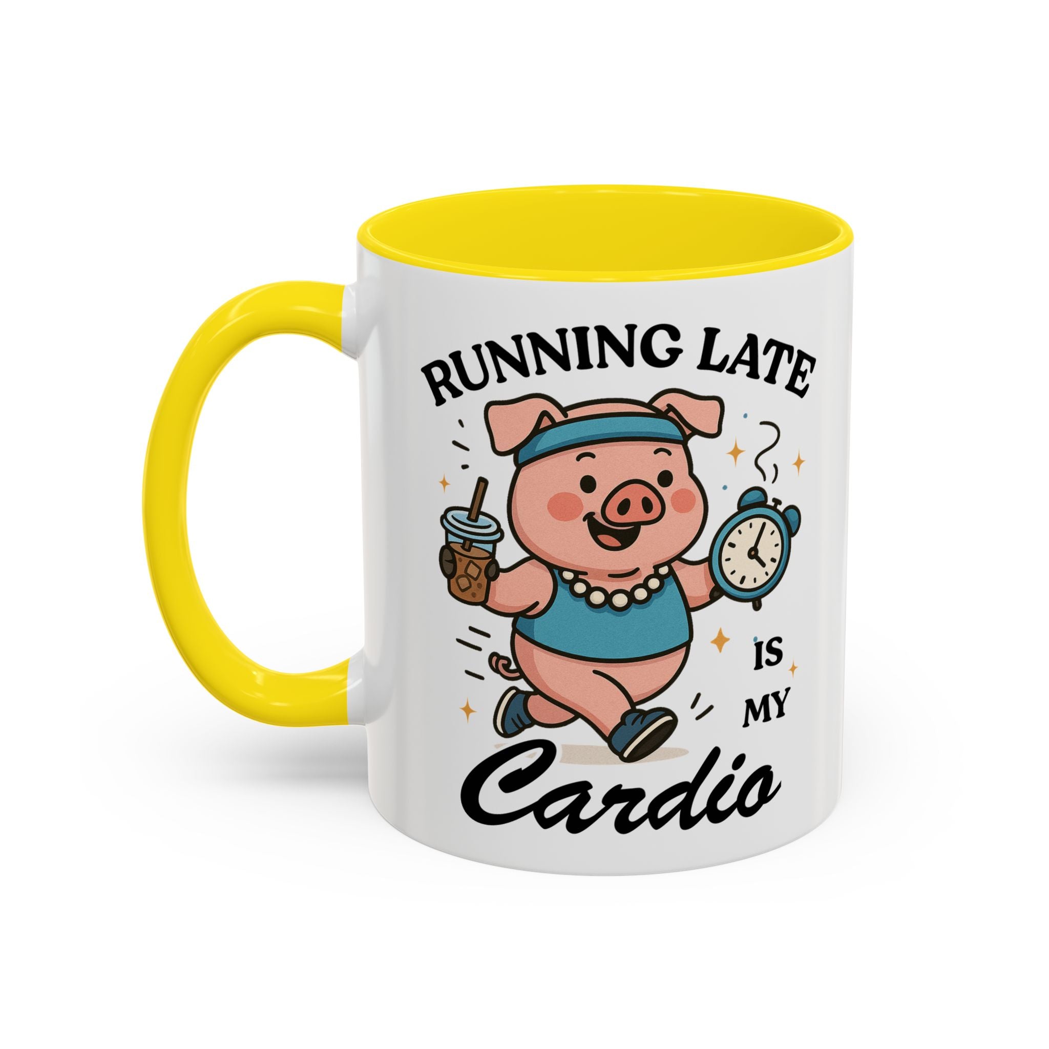 Running Late Is My Cardio Coffee Mug — Funny Pig Jogger Accent Mug (11/15oz)