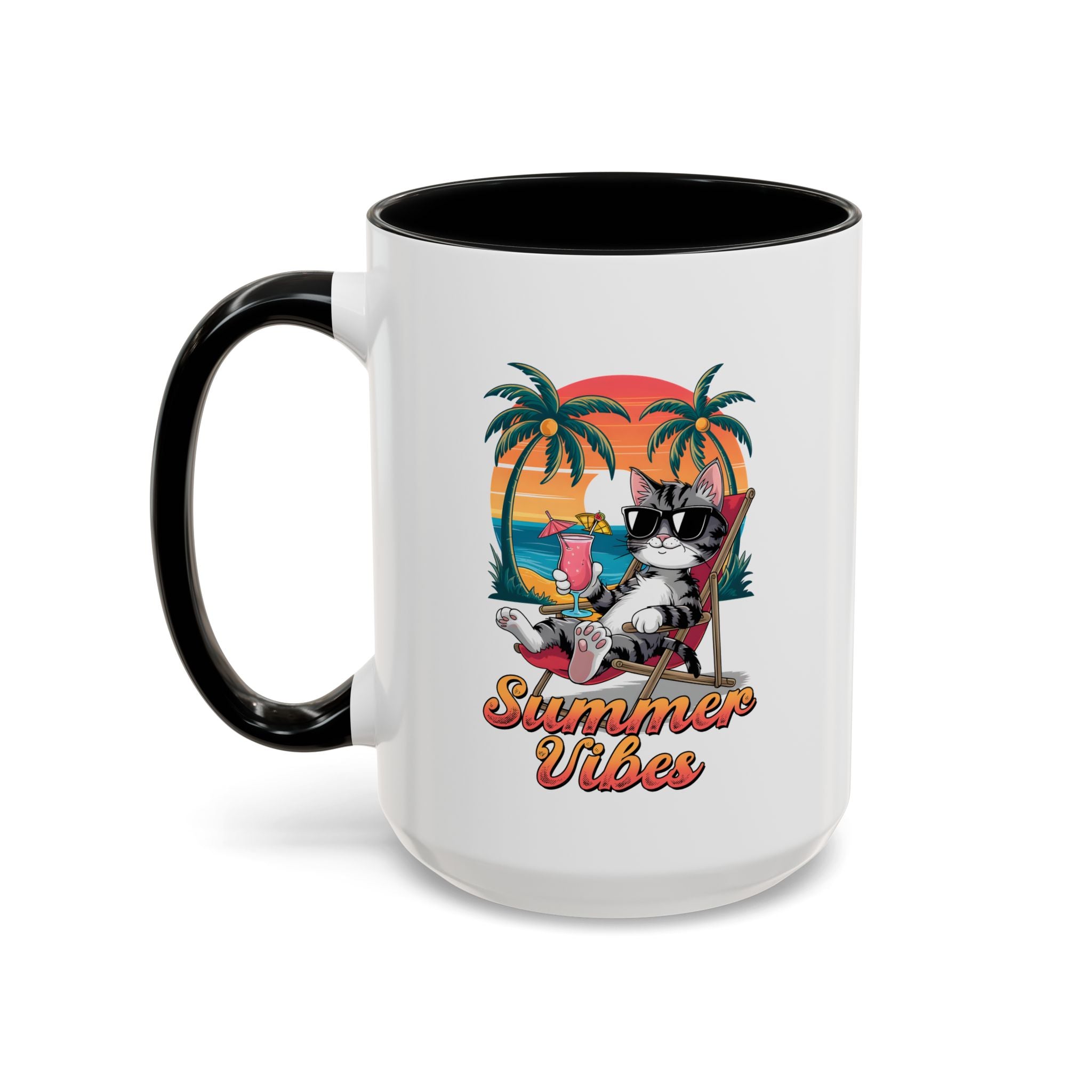 Summer Vibes Coffee Mug, Tropical Cat Mug, Beach Lover Gift, Fun Animal Sipware, Vacation-themed Drinkware, Pet Lover Cup