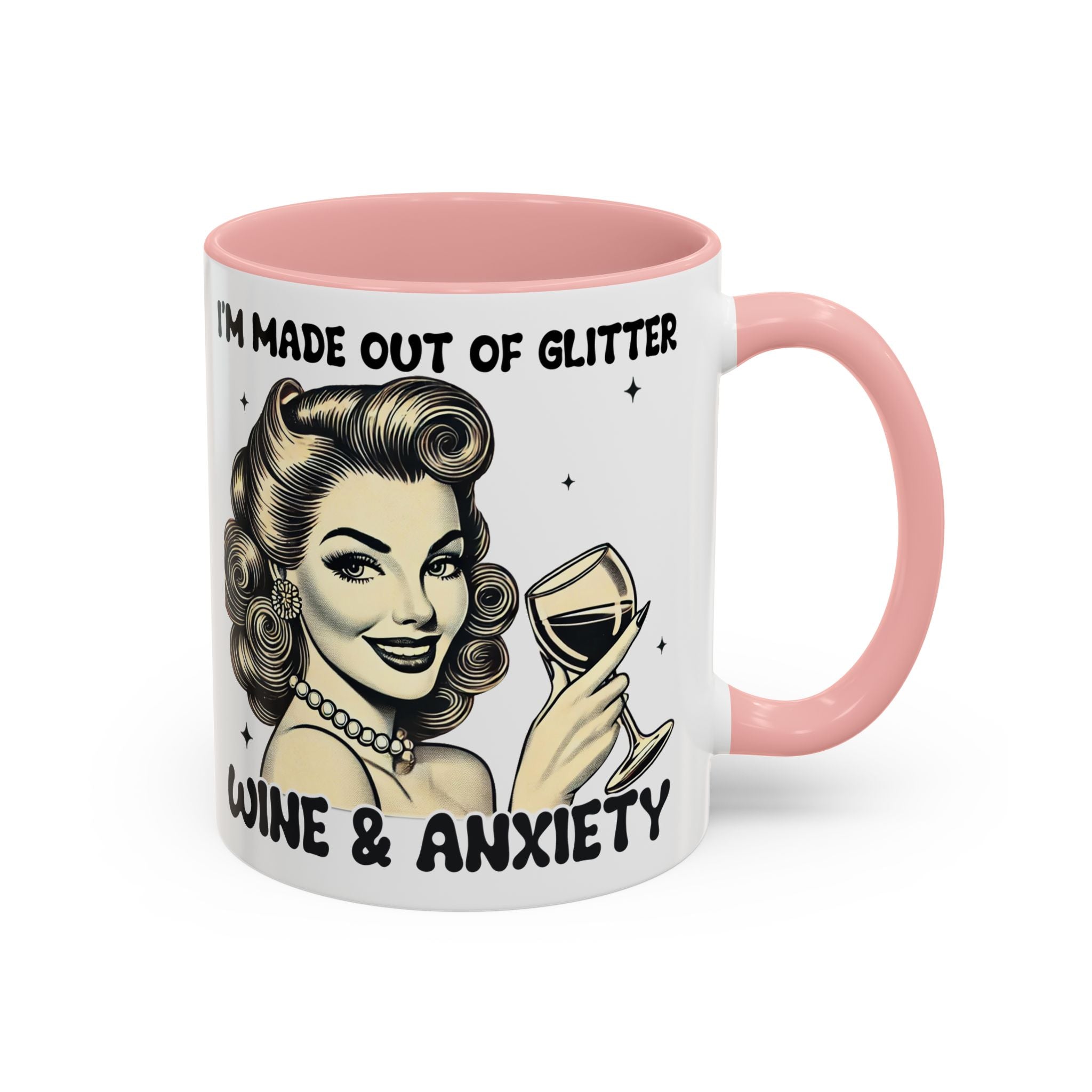 Wine & Anxiety Coffee Mug — "I'm Made Out of Glitter, Wine & Anxiety" Retro Accent Mug
