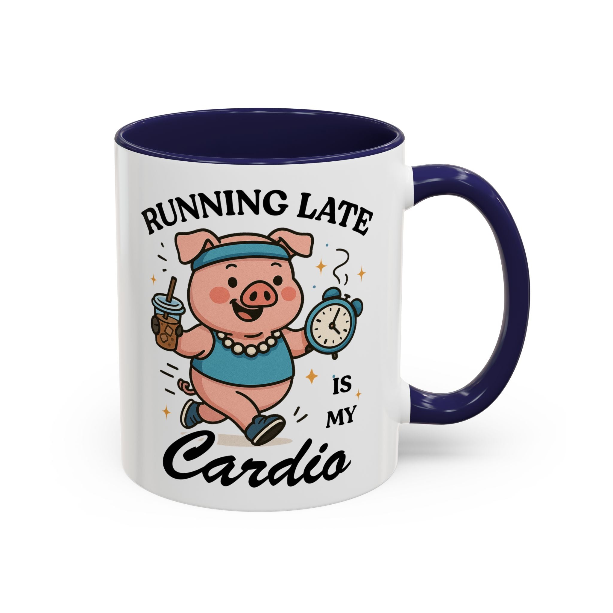 Running Late Is My Cardio Coffee Mug — Funny Pig Jogger Accent Mug (11/15oz)