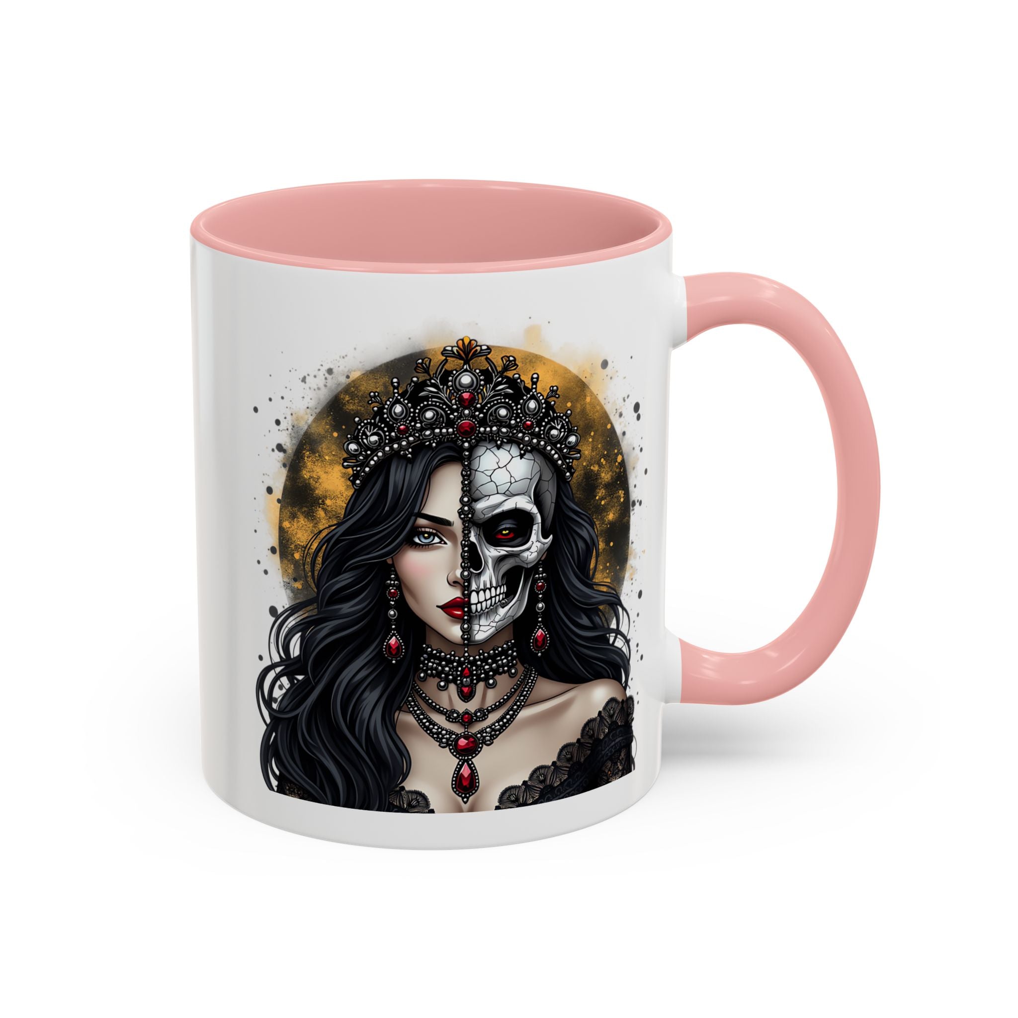 Gothic Art Accent Mug - Artistic Skull & Lady Design, Unique Coffee Cup for Halloween, Gift for Her, Decorative Kitchenware, Dark Aesthetic