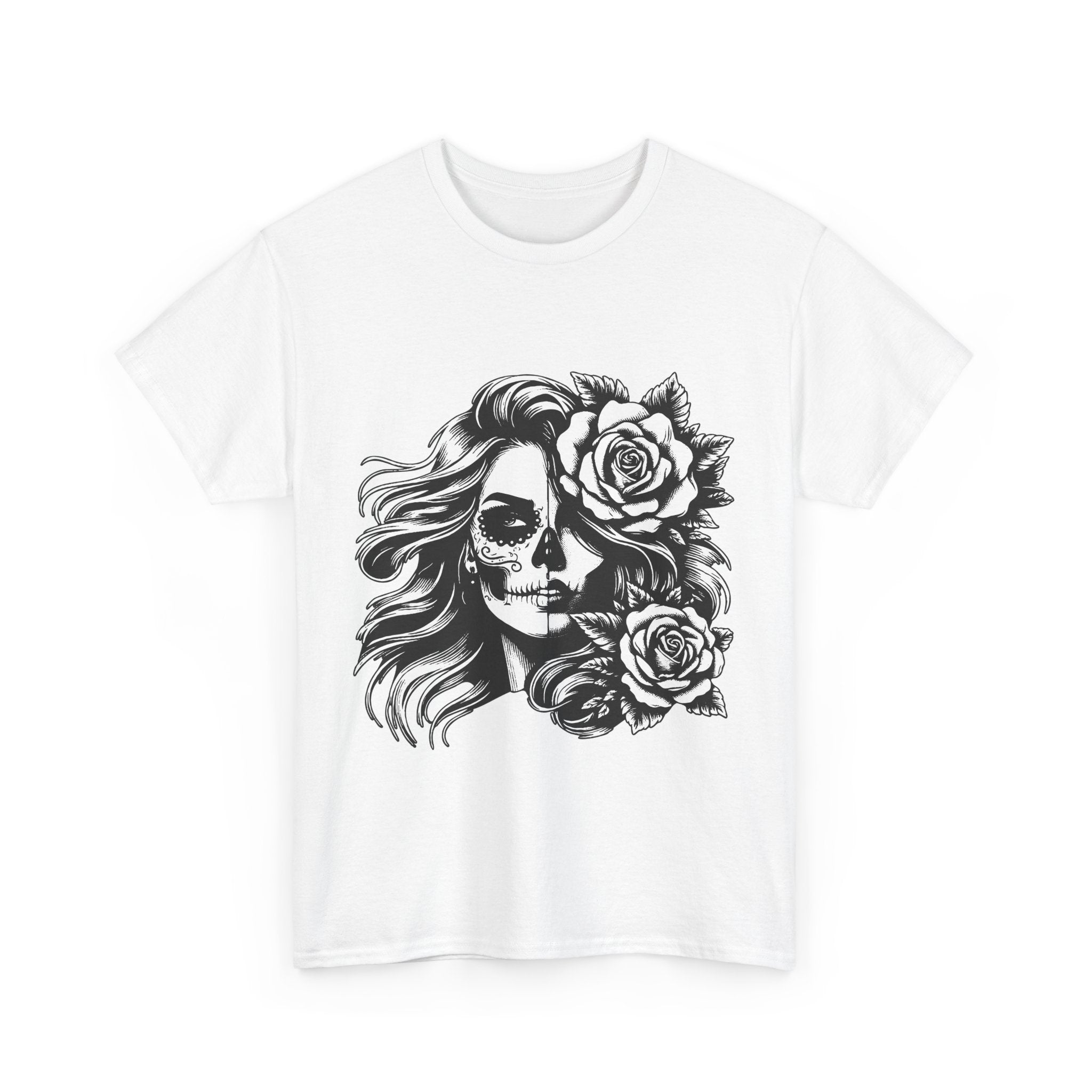 Skull & Rose Unisex Heavy Cotton Tee - Edgy Floral Graphic T-Shirt