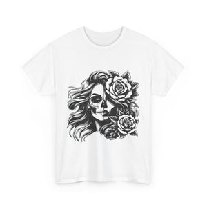 Skull & Rose Unisex Heavy Cotton Tee - Edgy Floral Graphic T-Shirt
