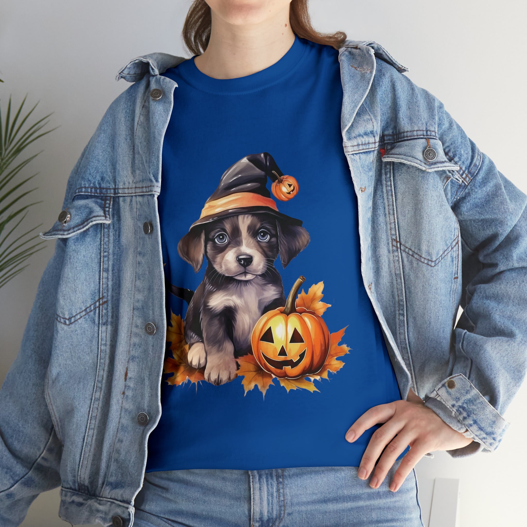 halloween t shirt puppy in witch hat cute gift for her stocking stuffer fall fun item for whole family Unisex Heavy Cotton Tee