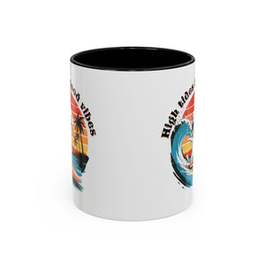 Surfing Cat Coffee Mug - High Tides & Good Vibes - Beach Lover Gift animal lover funny