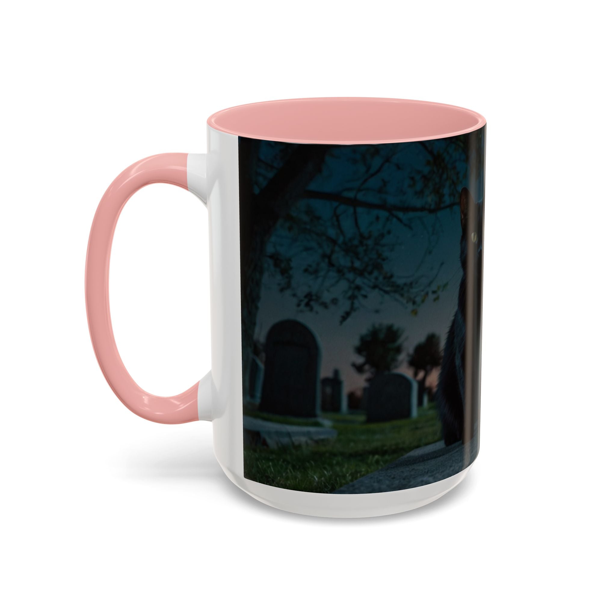 Spooky Black Cat Accent Coffee Mug in graveyard at night with full moon halloween