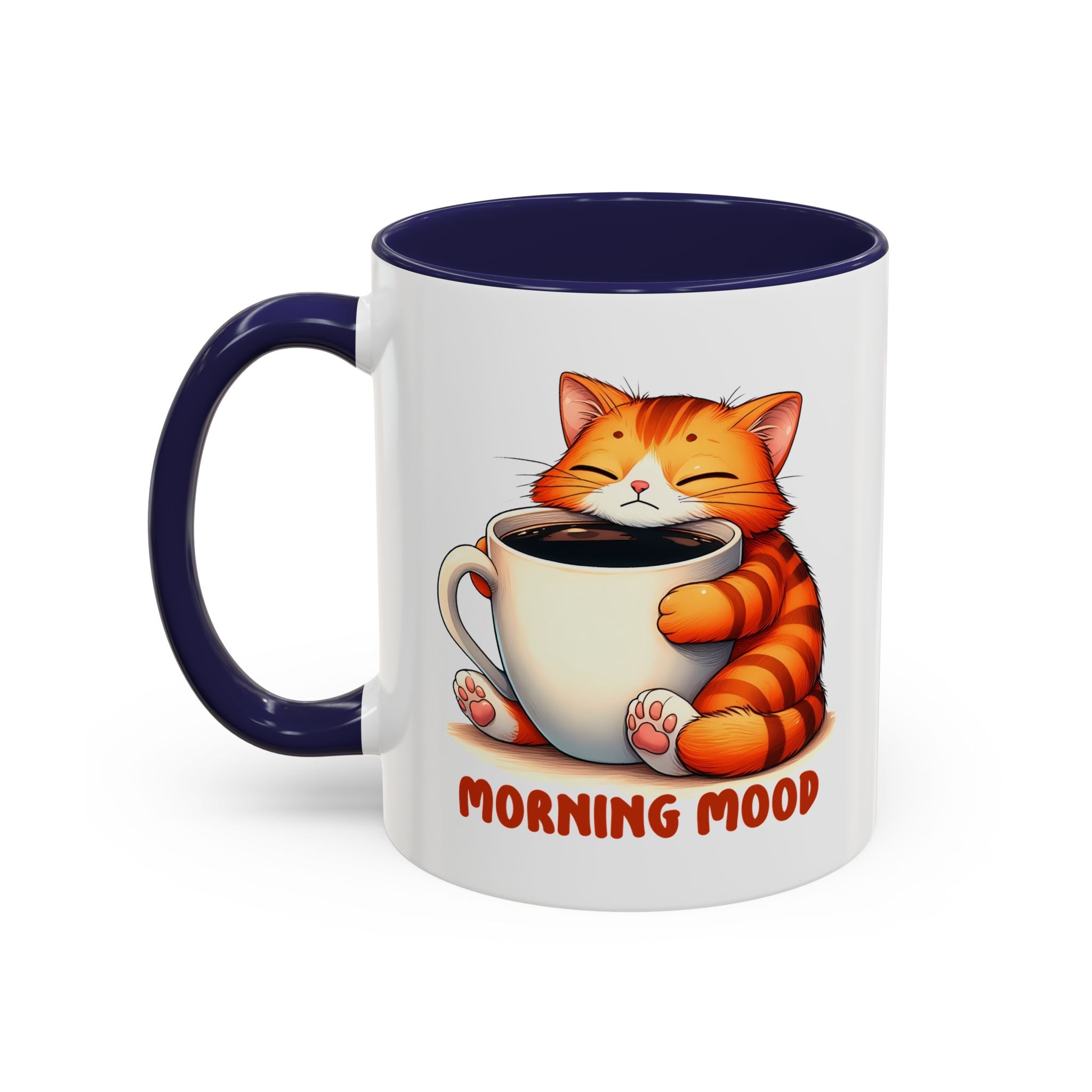 Morning Mood Cat Coffee Mug — Cute Orange Cat Holding Cup (11/15oz)