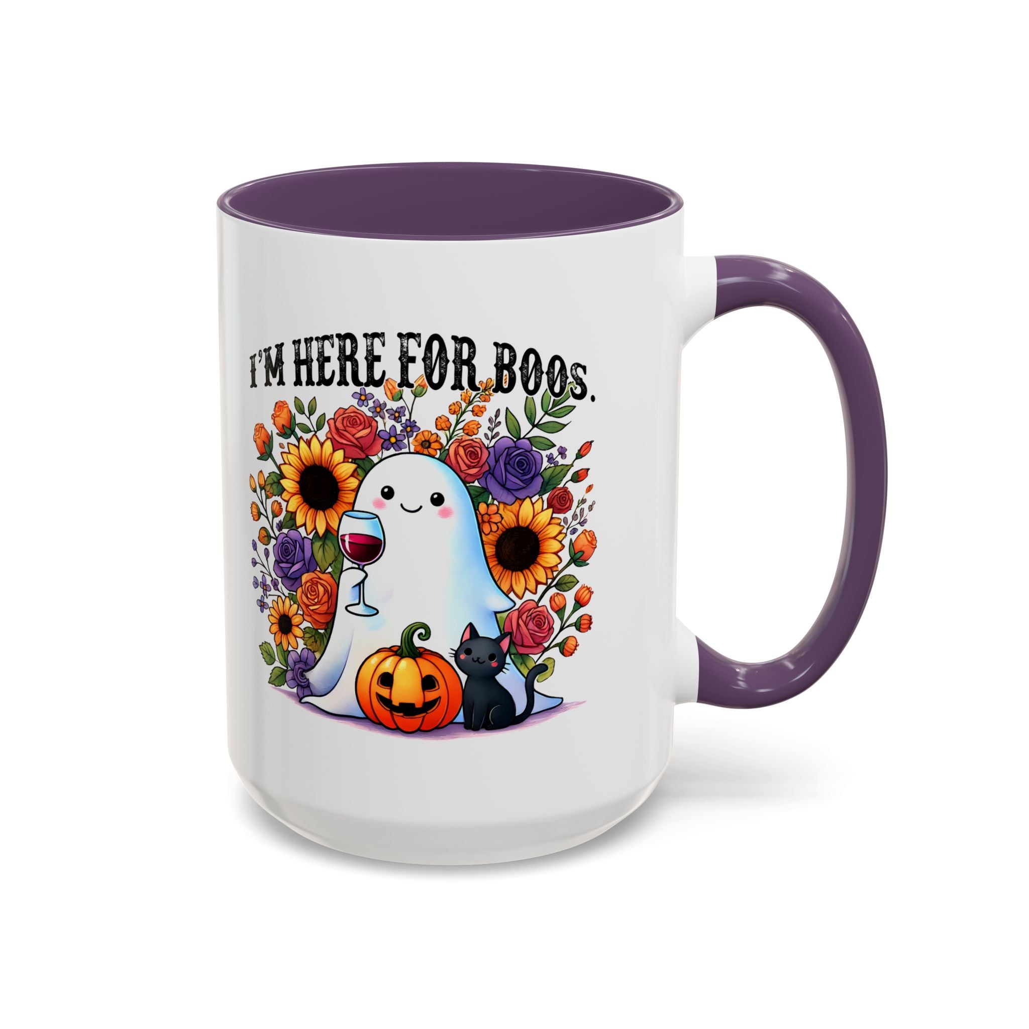 Spooky Floral Coffee Mug - I'm Here for Boos, Halloween Gift, Autumn Decor, Cute Ghost Mug, Cat Lover Drinkware