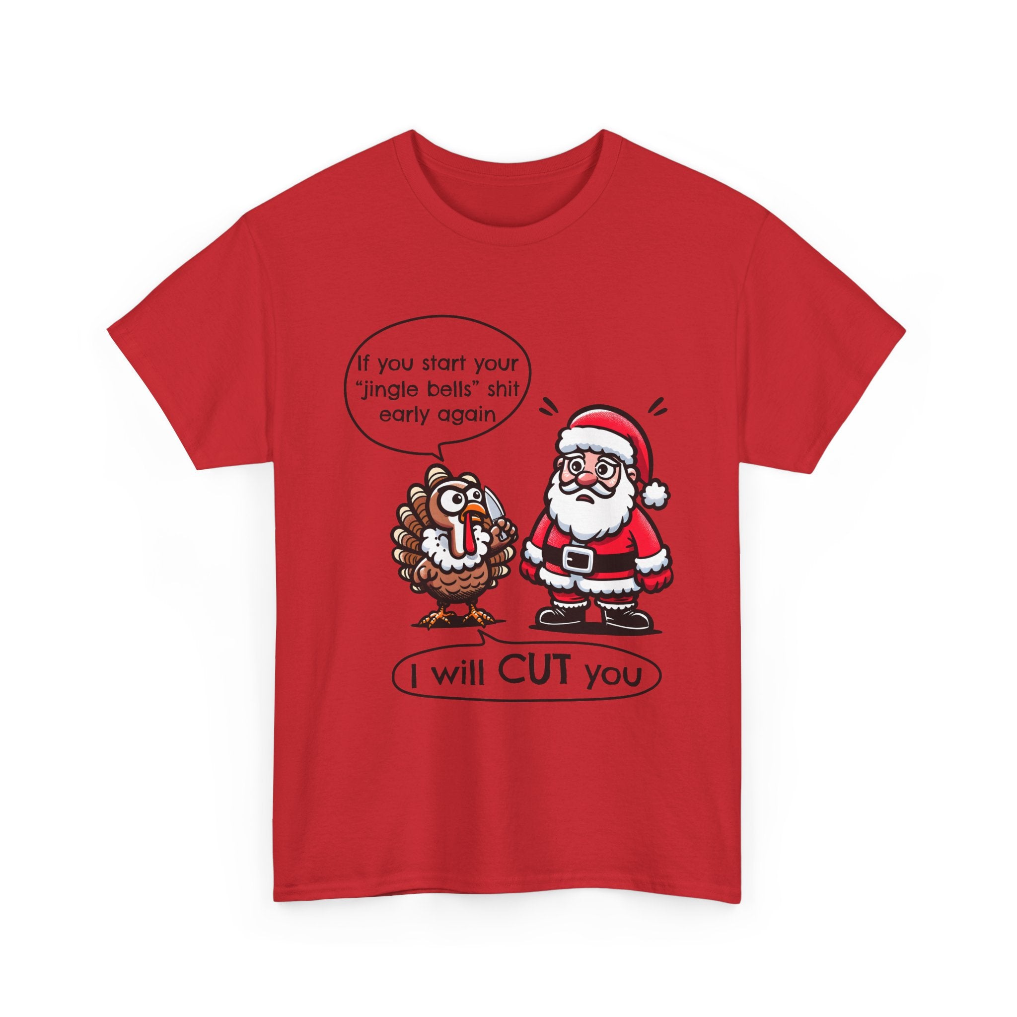Funny Holiday Tee: 'I Will CUT You' Santa & Turkey Design, Christmas Gift, Unisex Cotton Shirt, Thanksgiving Humor, Festive Apparel