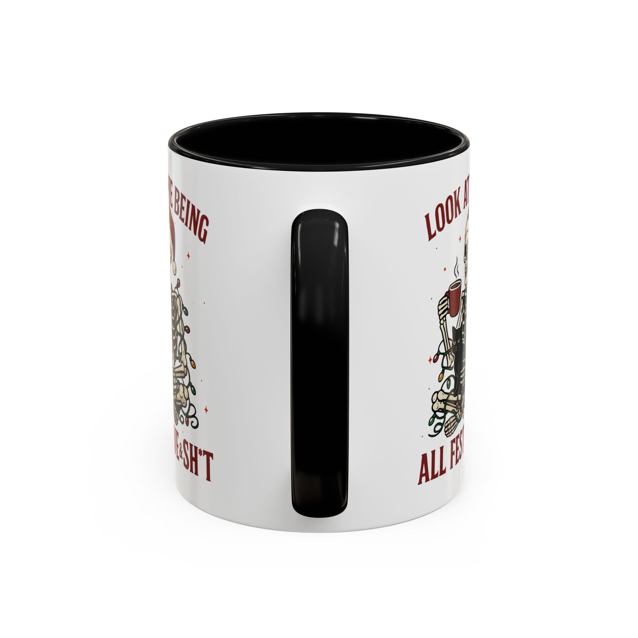 Festive Skeleton Coffee Mug, Unique Holiday Gift, Halloween Decor, Cat Lover's Mug, Funny Gift for Friends