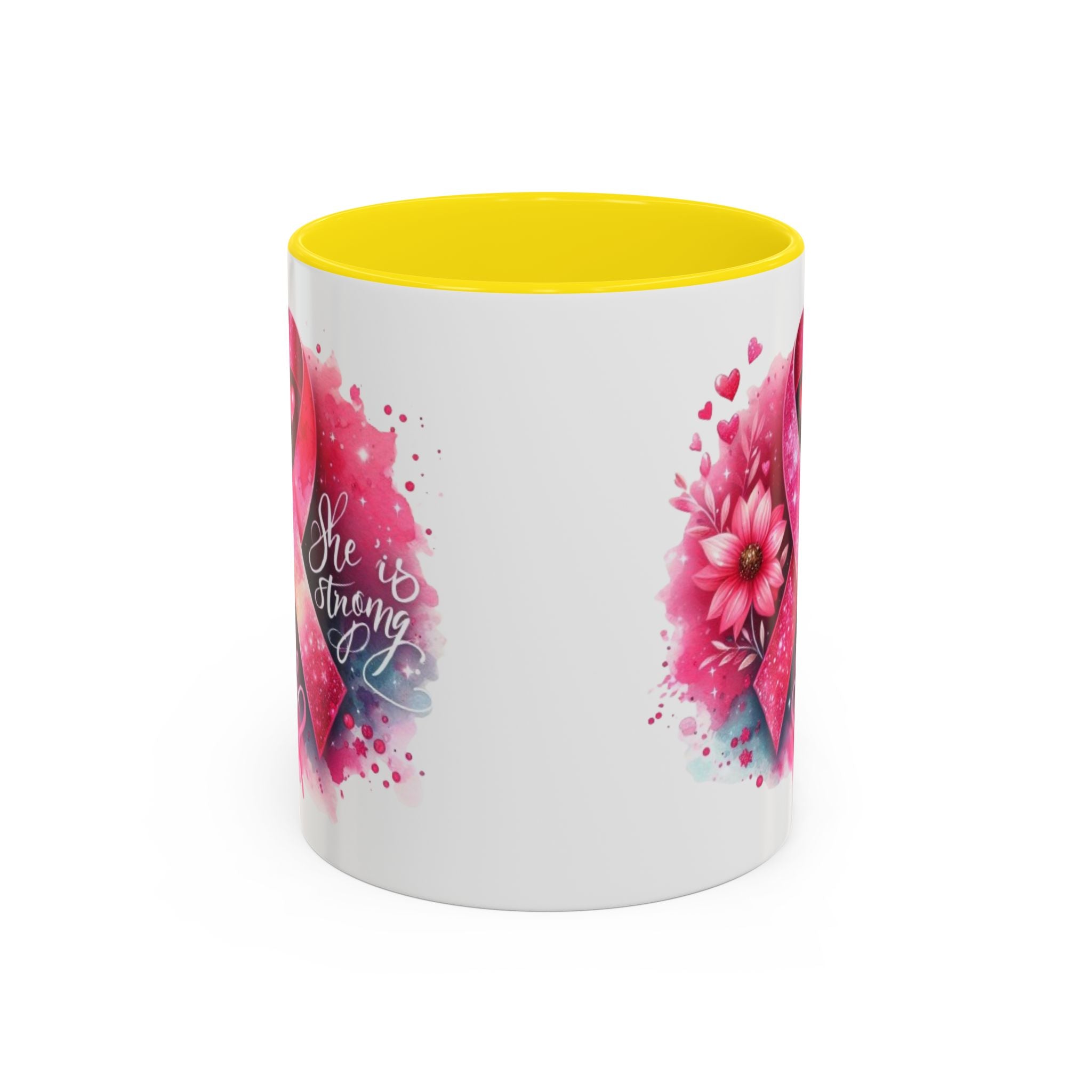 Breast Cancer Awareness Coffee Mug - Inspirational Gift, Motivational Drinkware, Supportive Cup, Pink Ribbon Design, She Is Strong