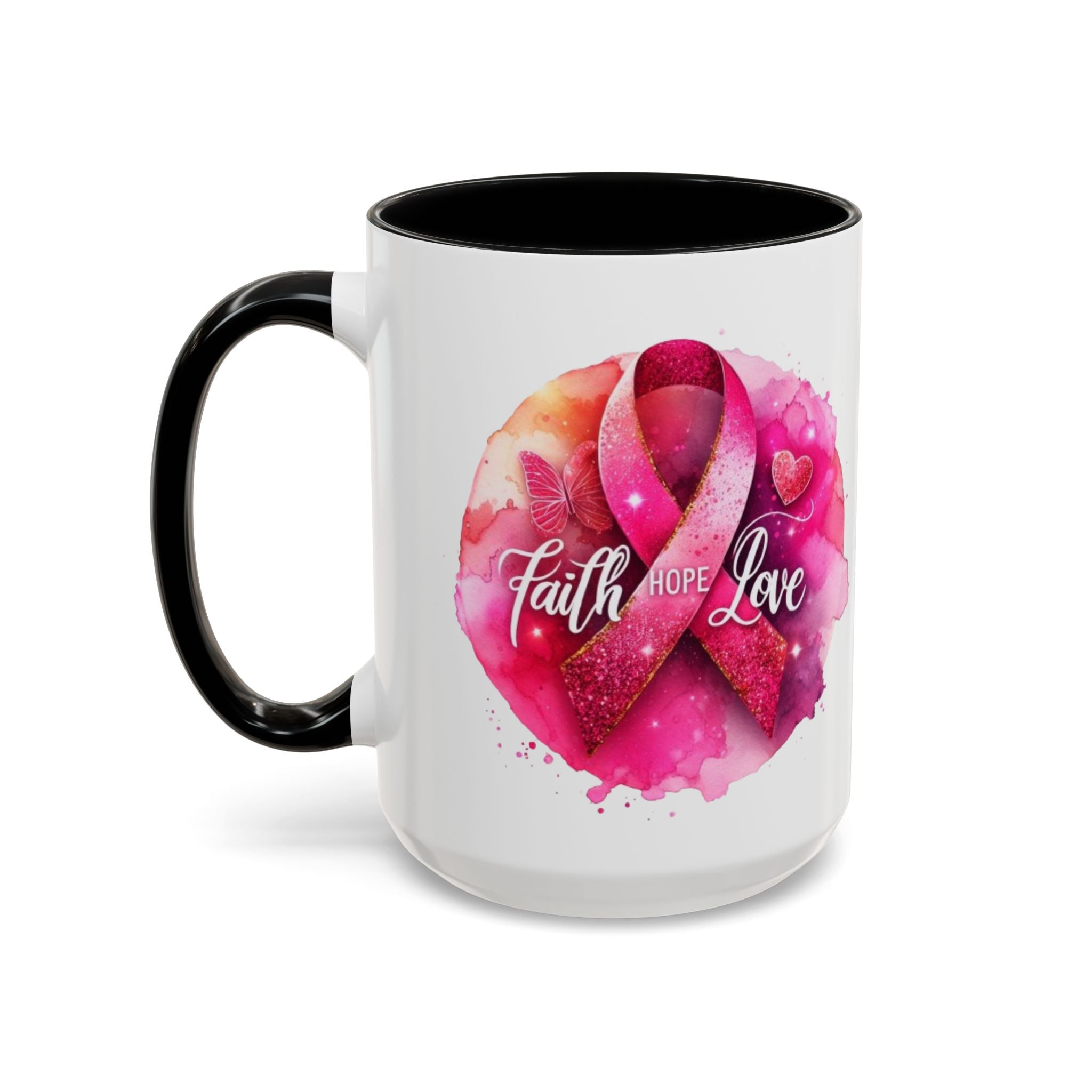Inspirational Accent Coffee Mug with Pink Ribbon Design, Faith Hope Love Gift, Cancer Awareness Mug, Supportive Drinkware, Meaningful [...]