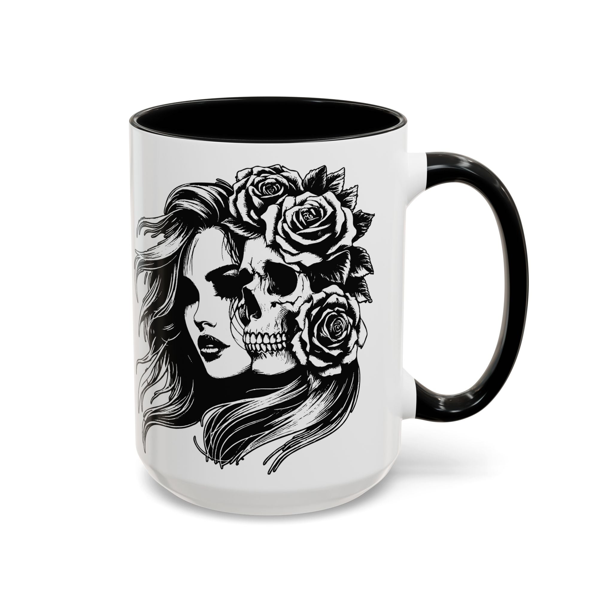 Skull & Rose Accent Coffee Mug — Gothic Half-Skull Woman 11/15oz