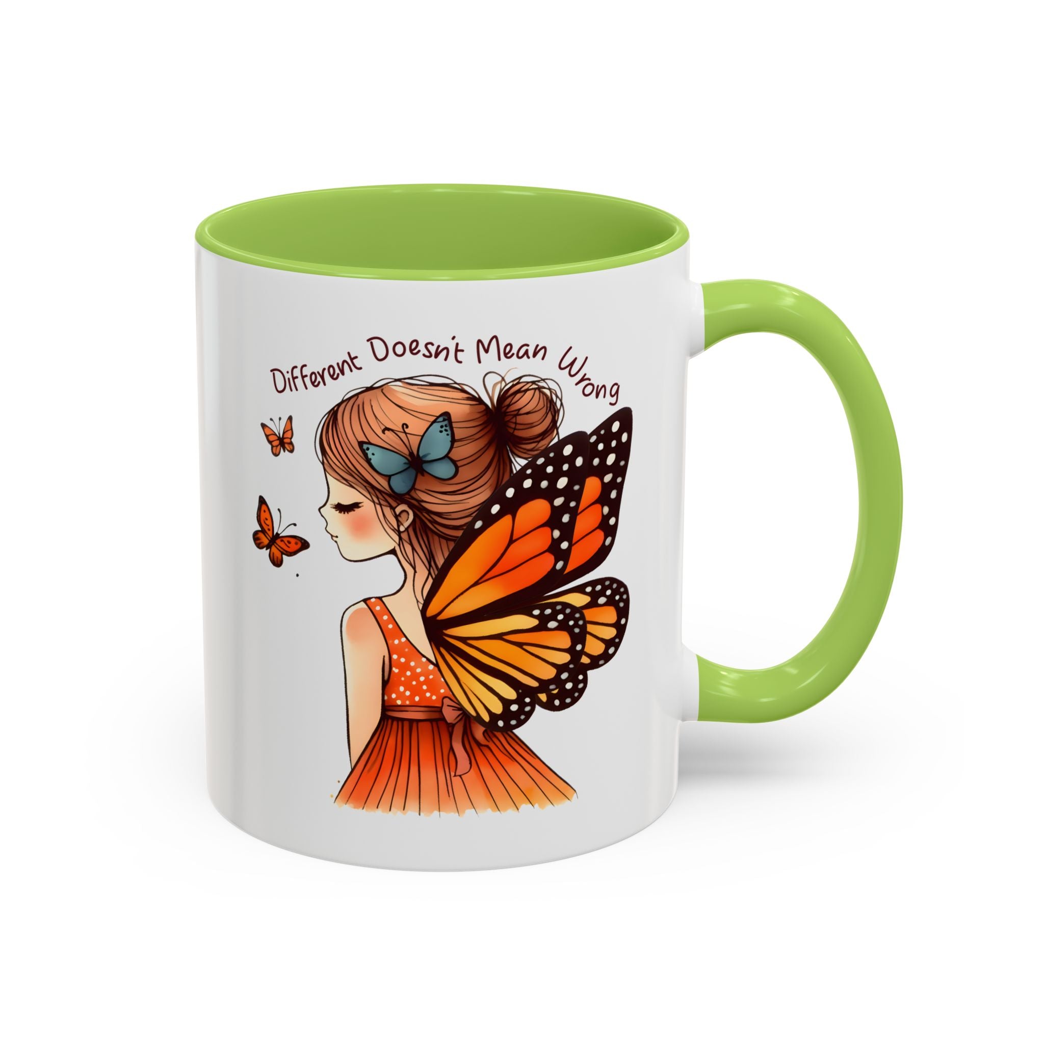 Butterfly Girl Accent Coffee Mug – "Different Doesn't Mean Wrong" Inspirational Tea Mug
