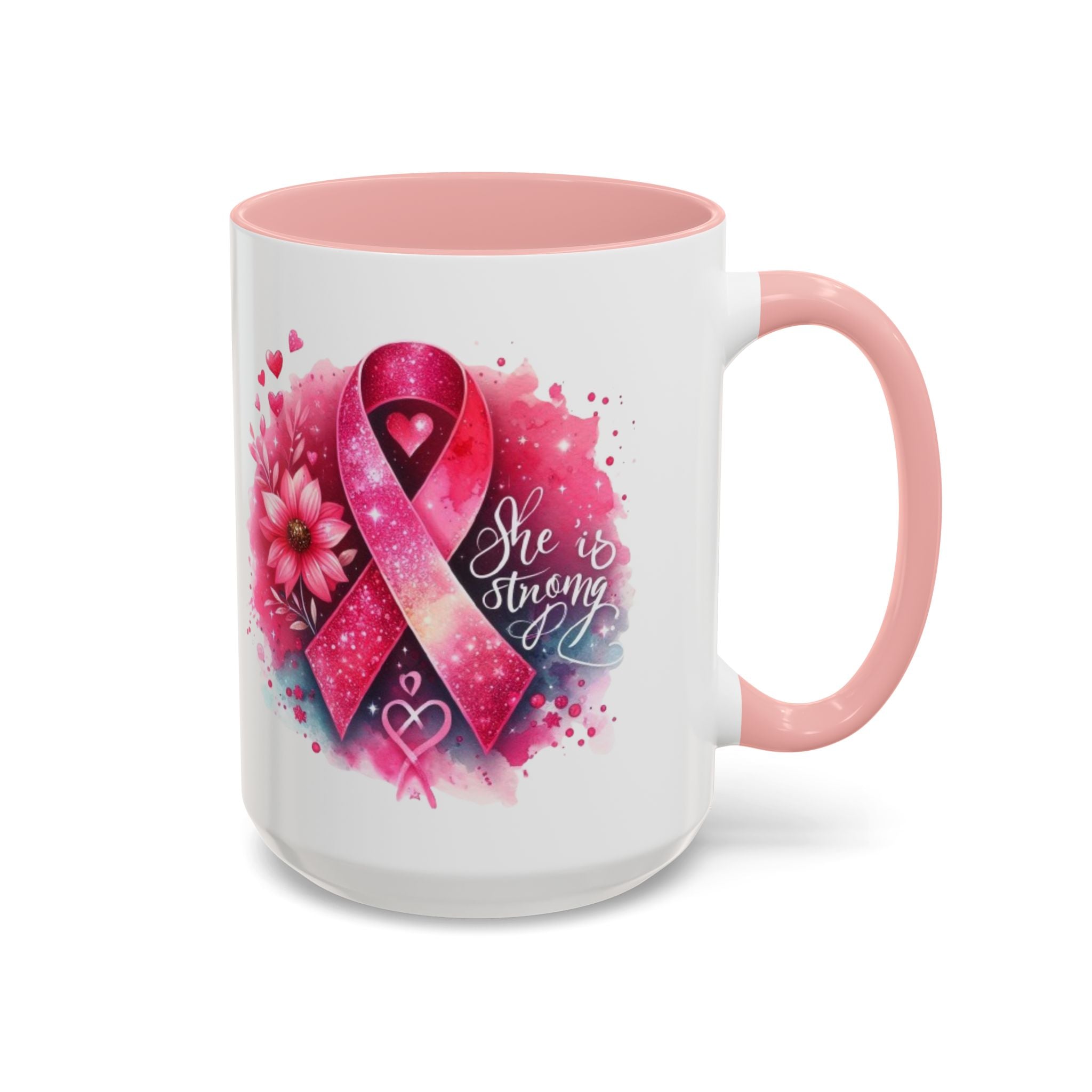 Breast Cancer Awareness Coffee Mug - Inspirational Gift, Motivational Drinkware, Supportive Cup, Pink Ribbon Design, She Is Strong