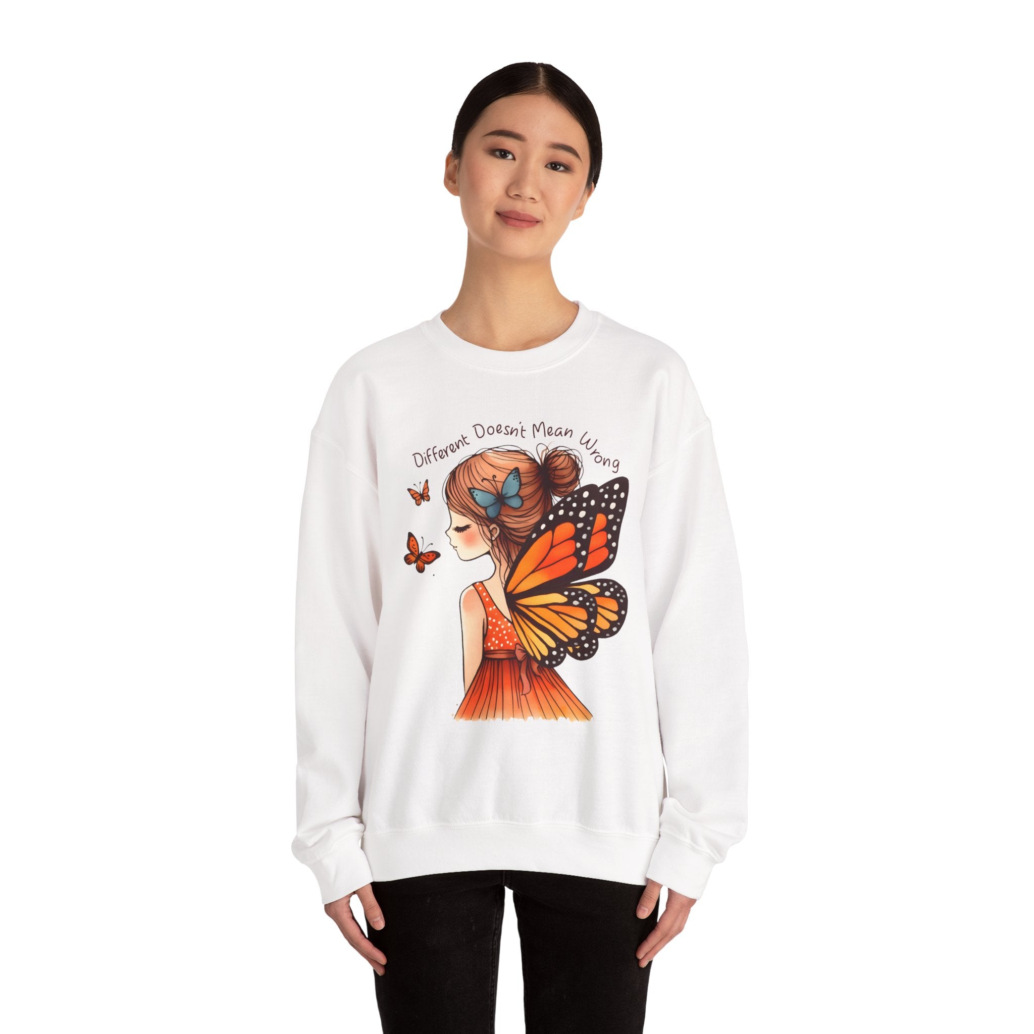 Butterfly Girl Crewneck Sweatshirt — "Different Doesn’t Mean Wrong" Graphic