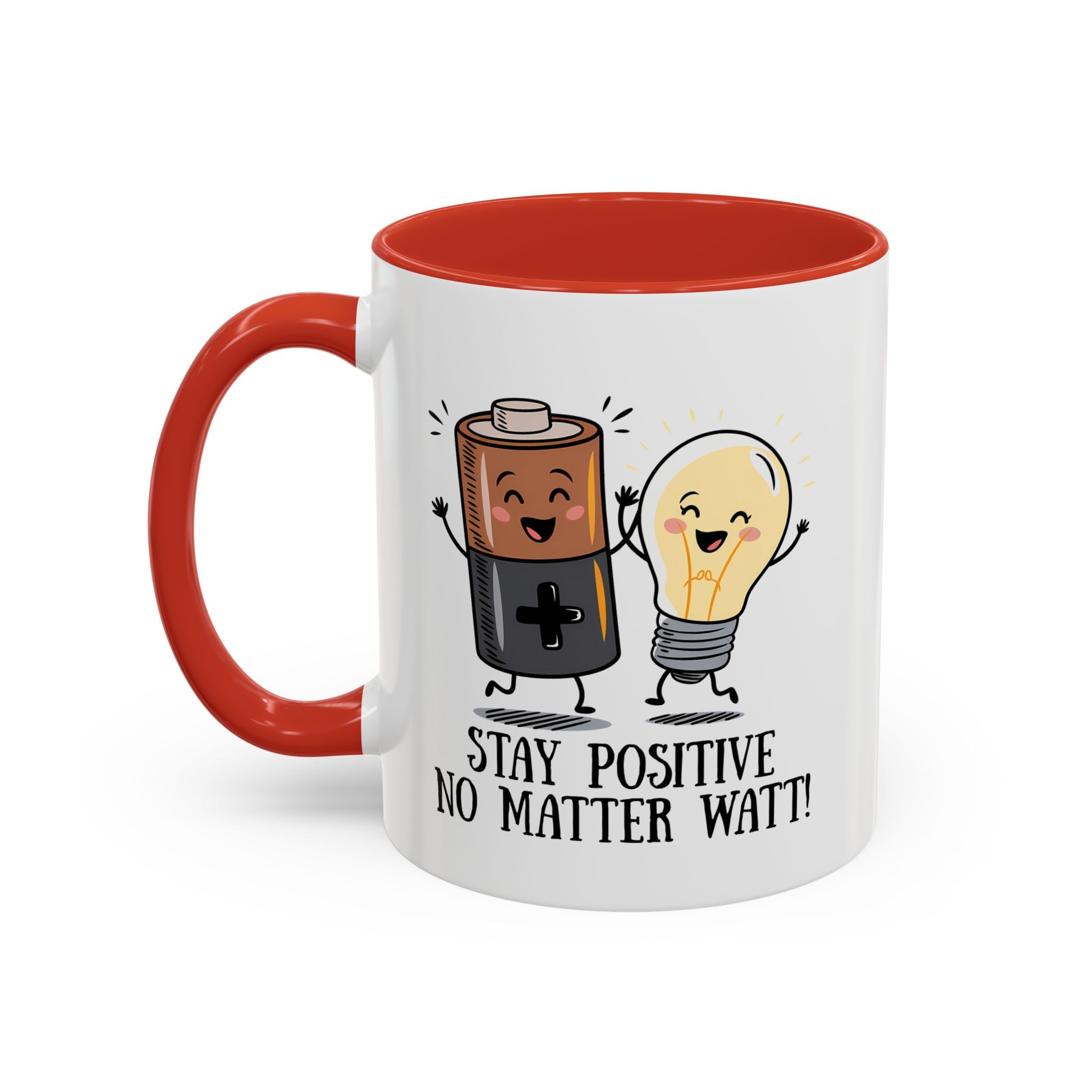 Stay Positive Accent Coffee Mug - 11oz & 15oz - Cute Light Bulb & Battery Design