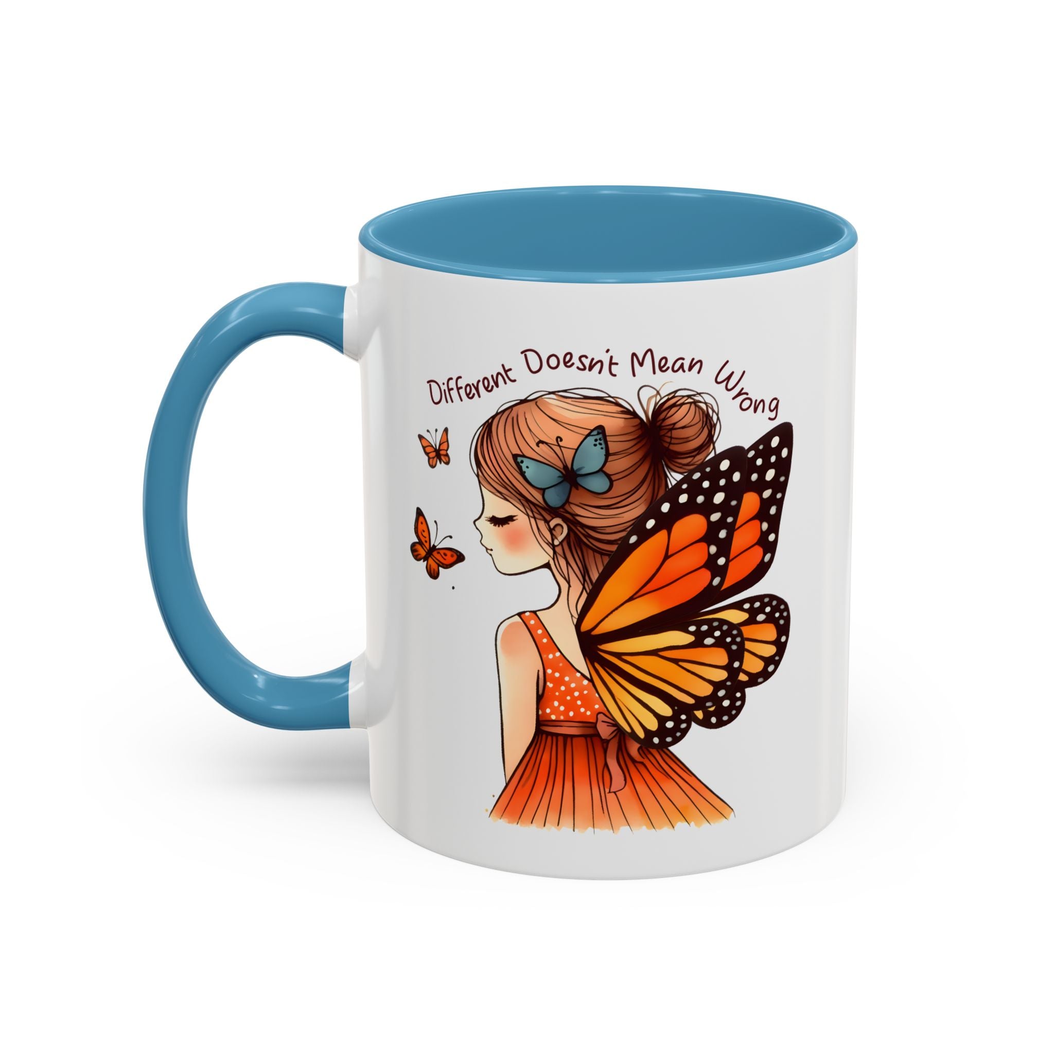 Butterfly Girl Accent Coffee Mug – "Different Doesn't Mean Wrong" Inspirational Tea Mug