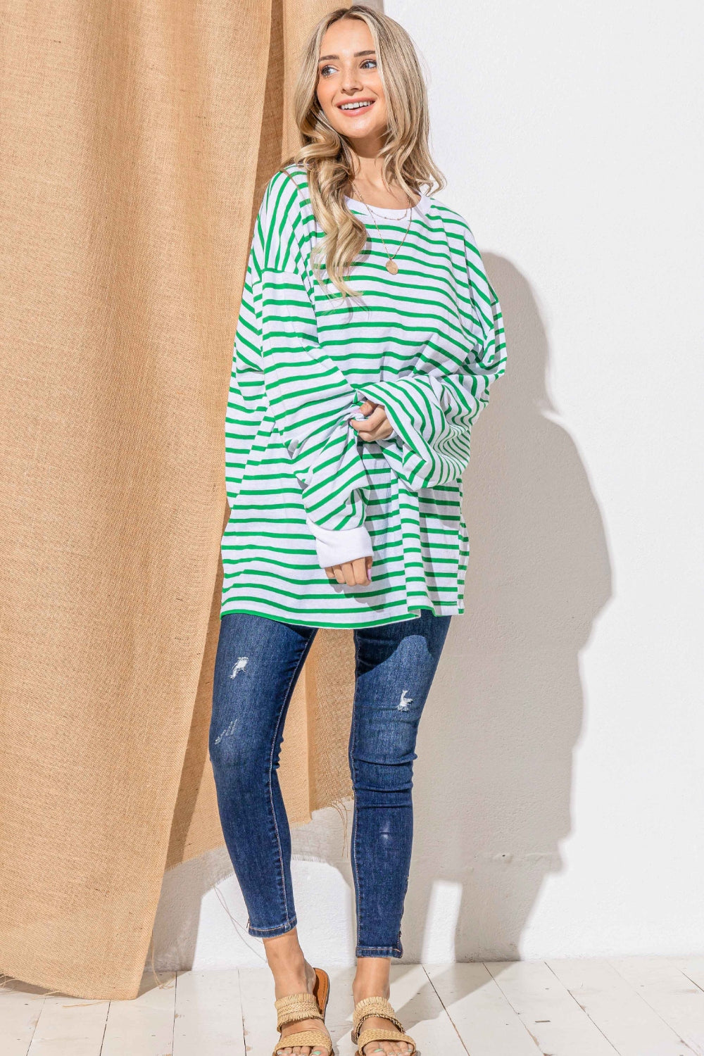And The Why Oversized Striped Balloon Sleeve Top