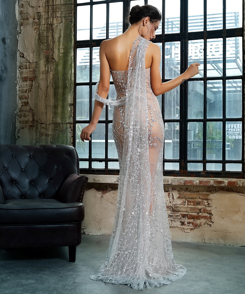 Silver Sequin See Through Gown
