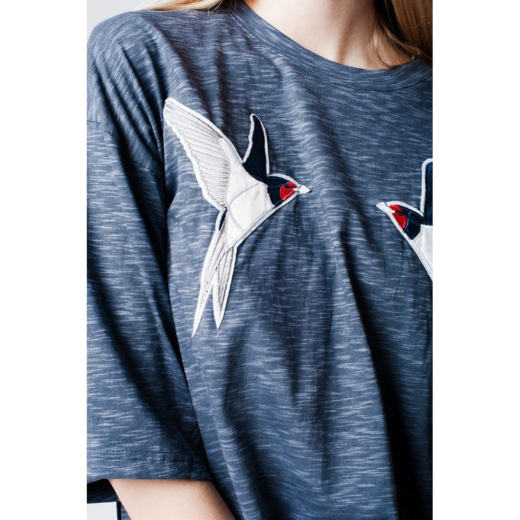 Dark grey top with Bird Embroidery on the front