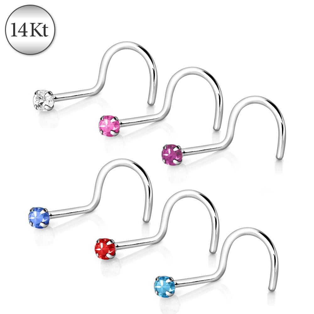 14Kt White Gold Screw Nose Ring With Prong Setting Gem
