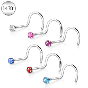 14Kt White Gold Screw Nose Ring With Prong Setting Gem