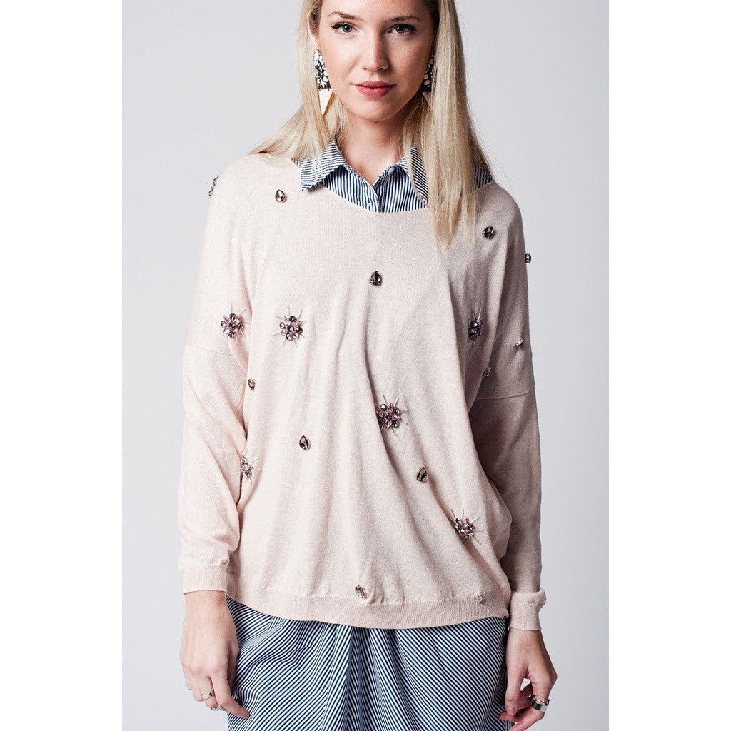 Pink light weight knitted sweater with stone embellishment