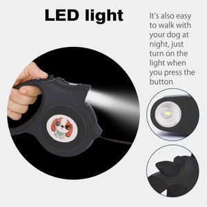 LED Lighted Retractable Nylon Dog Leash - Black